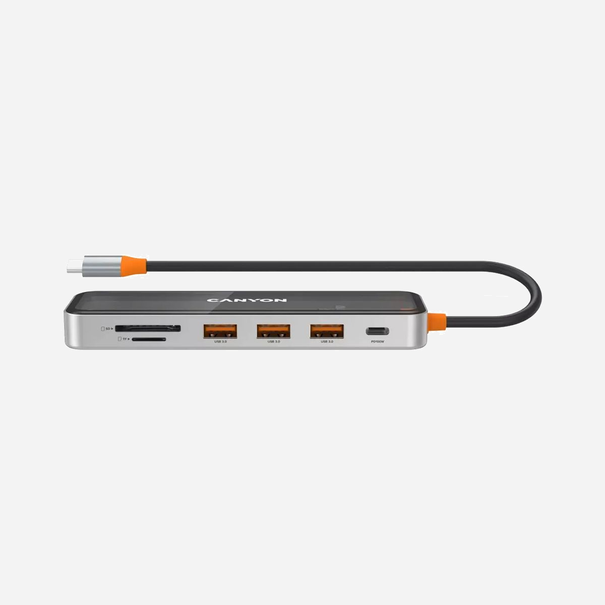 Canyon CNS-TDS13 Hub USB-C 5Gbps 7-Ports (3x USB 3.2 Gen 1 Type-A, 1x Type-C, 1x HDMI 4K 30Hz, Lecteur SD/MicroSD) Gris, Power Delivery 100W - Canyon DS-13. Interface de l'hôte: USB Type-C, Interfaces Hub: HDMI, USB 3.2 Gen 1 (3.1 Gen 1) Type-A, USB 3.2 Gen 1 (3.1 Gen 1) Type-C, Cartes mémoire compatibles: MicroSD (TransFlash), SD. Taux de transfert de données: 5000 Mbit/s, Taux de d'actualisation maximal: 30 Hz, Résolution maximum (HDMI): 3840 x 2160 pixels. Type d'alimentation d'énergie: USB. Largeur: 42,7 mm, Profondeur: 137,9 mm, Hauteur: 15 mm. Quantité: 1 pièce(s), Type d'emballage: Boîte avec crochet
