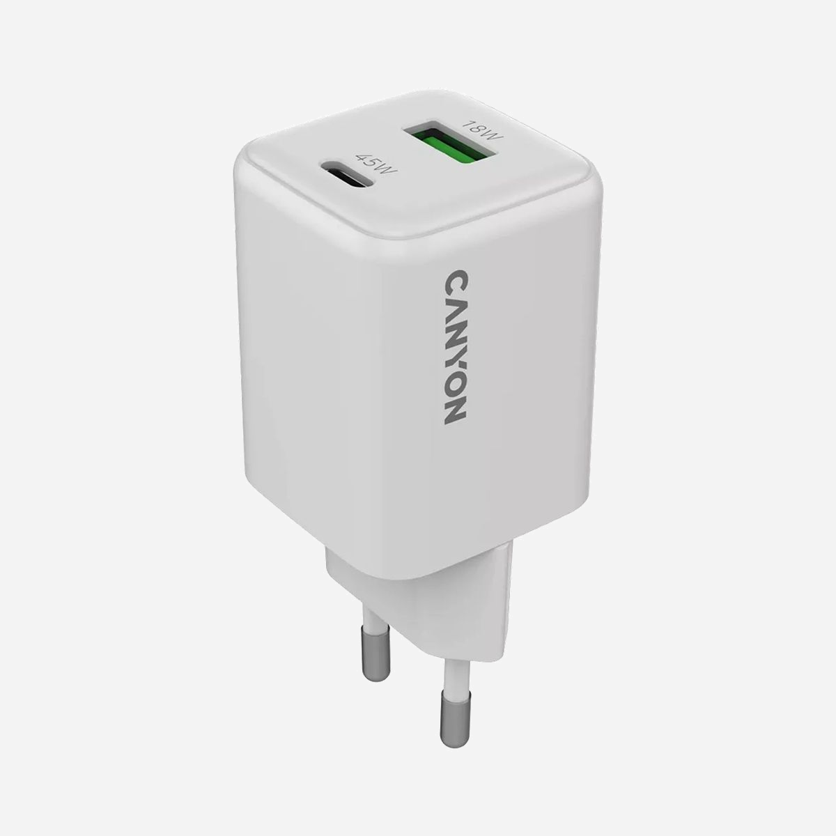 Canyon CNS-CUW45AC Chargeur Secteur Universel Blanc 45W, 1x USB Type-C (45W), 1x USB 3.2 Gen 1 Type-A (18W), Charge Rapide GaN, Protections Multiples - Canyon CU45AC. Type de chargeur: Intérieure, Type de source d'alimentation: Secteur, Compatibilité de chargeur: Universel. Tension d'entrée: 220 - 240 V. Quantité de ports USB de type C: 1, Charge rapide, Dispositifs de protection électrique: Sur-courant, Surtension, Surchauffe, Court-circuit. Couleur du produit: Blanc