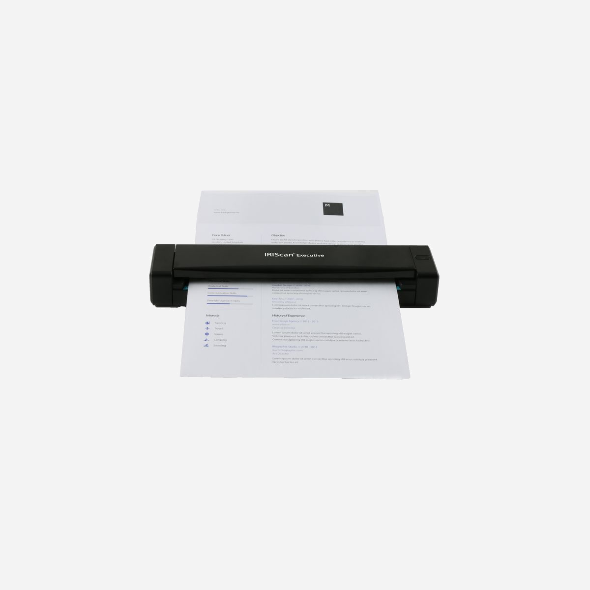 I.R.I.S. IRIScan Executive 4 : Scanner Mobile A4 Recto-Verso 600 DPI, 8 ppm, Chargeur 1 feuille, USB 2.0, Compatible TWAIN/WIA, Readiris & Cardiris - Le nec plus ultra des scanners recto-verso mobiles<br><br>- Scanner mobile, feuille à feuille et recto-verso le plus rapide du marché : jusqu'à 8 pages à la minute<br>- Gestionnaire de boutons exclusifs pour faciliter la gestion des documents<br>- Exportation des cartes de visites vers les solutions MS CRM et Salesforce.com<br><br><b>Compact, léger et pratique</b><br><br>Extrêmement compact (30 cm de long) et léger (518 gr), l'IRIScan Executive 4 est un scanner portable visionnaire, parfaitement adapté au monde mobile d'aujourd'hui. Avec IRIScan™ Executive 4, vous bénéficiez de toute la puissance d'un scanner de bureau traditionnel sans l'encombrement.<br><br><b>Compact, léger et pratique</b><br><br>Extrêmement compact (30 cm de long) et léger (518 gr), l'IRIScan™ Executive 4 est un scanner portable visionnaire, parfaitement adapté au monde mobile d'aujourd'hui. Avec IRIScan™ Executive 4, vous bénéficiez de toute la puissance d'un scanner de bureau traditionnel sans l'encombrement.<br><br><b>Un seul bouton pour tout faire</b><br><br>La numérisation n'a jamais été aussi simple et rapide avec l'IRIScan™ Executive 4. Son bouton intelligent vous offre un moyen d'interaction unique. Vous pouvez désormais lancer la numérisation en un seul clic, indépendamment de la complexité du processus. Cette fonctionnalité vous permet d'effectuer automatiquement différentes tâches, par exemple envoyer une lettre par e-mail, archiver des factures dans un dossier ou créer des documents PDF de plusieurs pages. En outre, le logiciel Button Manager fourni avec le scanner vous permet de configurer jusqu'à 9 opérations différentes.<br><br>Terminez-en avec l'encodage de documents... convertissez-les !<br>L'IRIScan™ Executive 4 est accompagné d'une suite logicielle puissante qui fournit tous les outils dont vous avez besoin pour modifier et utiliser les informations de vos documents papier :<br><br>+ Readiris™ Corporate : logiciel de reconnaissance optique des caractères le plus populaire au monde. Il vous permet de convertir en un clin d'œil les images, PDF ou documents numérisés en fichiers numériques modifiables (Word, Excel, Acrobat Reader, etc.).<br>+ Cardiris™ Corporate : il numérise rapidement vos cartes de visite, capture les informations qu'elles contiennent et crée instantanément des contacts électroniques à envoyer à votre gestionnaire de contacts favori (Outlook®, ACT®, Lotus Notes®, etc.) ou à synchroniser directement dans le Cloud avec Microsoft Dynamics® CRM, Salesforce™ et Google™ Contacts.<br>+ IRISCompressor Pro : il permet de convertir des images de document standard (formats non compressés, JPEG, JPEG 2000, PNG, TIFF, PDF image, etc. en couleur ou en noir et blanc) en nouveaux documents PDF en couleur ou en noir et blanc de taille considérablement réduite (jusqu'à 20 fois),<br>compatibles avec n'importe quel outil de visualisation de PDF.