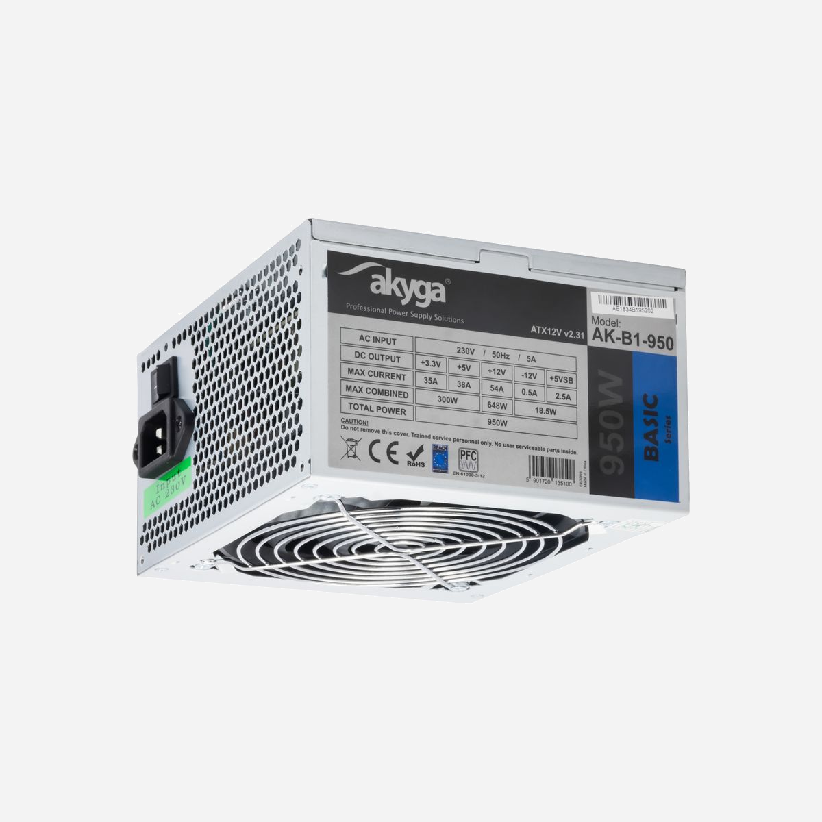 Akyga AK-B1-950 Alimentation PC 950W ATX 2.31, PFC Passif, Connecteur 20+4 pin, Ventilation 12cm, 230V, Certifications CE/FCC/RoHS/REACH - Akyga AK-B1-950. Puissance totale: 950 W, Tension d'entrée AC: 230 V, Courant d'entrée: 5 A. Connecteur de la carte mère: 20+4 pin ATX, Type de câblage: Non-modulaire. Utilité: PC, Facteur de forme de l'unité d'alimentation: ATX, Temps moyen entre pannes: 100000 h. Couleur du produit: Gris, Type de refroidissement: Actif, Diamètre du ventilateur: 12 cm. Certificats de conformité: RoHS, Certification: CE, FCC, RoHS, REACH