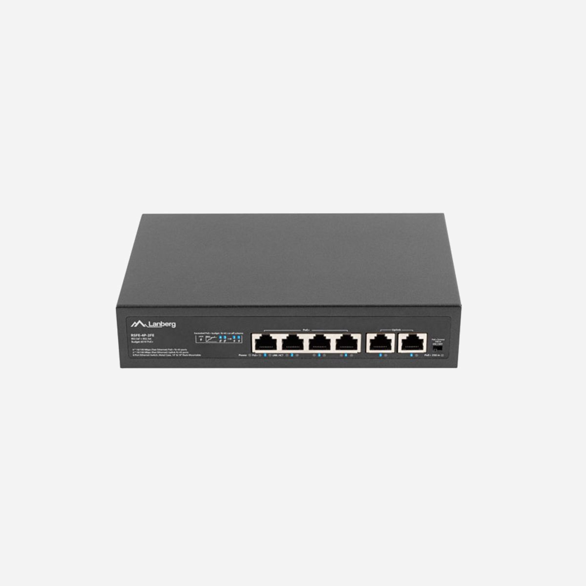 Lanberg RSFE-4P-2FE-60 Switch Fast Ethernet non-géré 6 ports RJ45 (4 PoE/PoE+) 1.2Gbit/s 10/100 Rackable 1U - Lanberg RSFE-4P-2FE-60. Type de commutateur: Non-géré. Type de port Ethernet RJ-45 de commutation de base: Fast Ethernet (10/100), Quantité de ports Ethernet RJ-45 de commutation de base: 6. Répertoire MAC: 1000 entrées, Capacité de commutation: 1,2 Gbit/s. Standards réseau: IEEE 802.3af, IEEE 802.3at, IEEE 802.3i, IEEE 802.3u, IEEE 802.3x. Connexion Ethernet, supportant l'alimentation via ce port (PoE). Grille de montage, Format: 1U