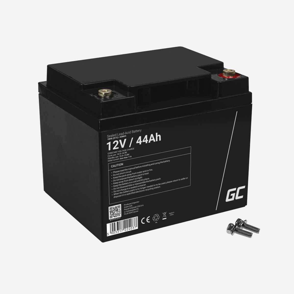 Batterie Green Cell AGM23 VRLA 12V 44Ah, dimensions 197x165x170mm, poids 12.7kg, technologie Sealed Lead Acid, durée de vie estimée 5 ans. - Green Cell AGM23. Technologie batterie: Sealed Lead Acid (VRLA), Tension des piles: 12 V, Nombre de batteries incluses: 1 pièce(s). Poids: 12,7 kg, Largeur: 165 mm, Hauteur: 170 mm