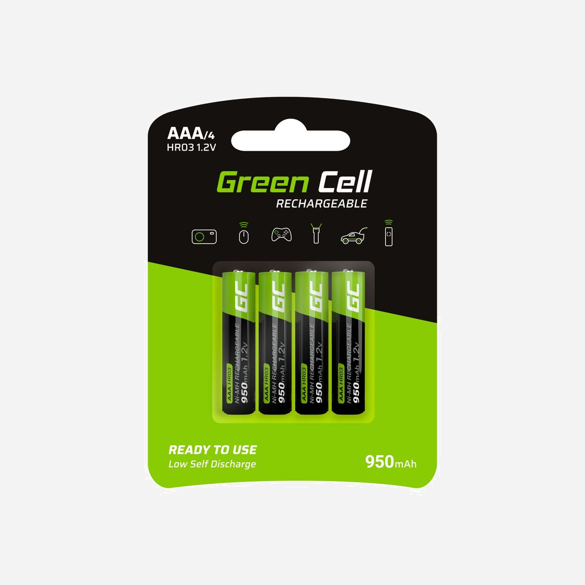 Green Cell GR03 : 4 Piles Rechargeables AAA NiMH 1.2V 950mAh, Température de fonctionnement -20°C à 60°C, Conditionnement Blister - Green Cell GR03. Type de batterie: Batterie rechargeable, Taille(s) de la batterie: AAA, Technologie batterie: Hybrides nickel-métal (NiMH). Type d'emballage: Blister
