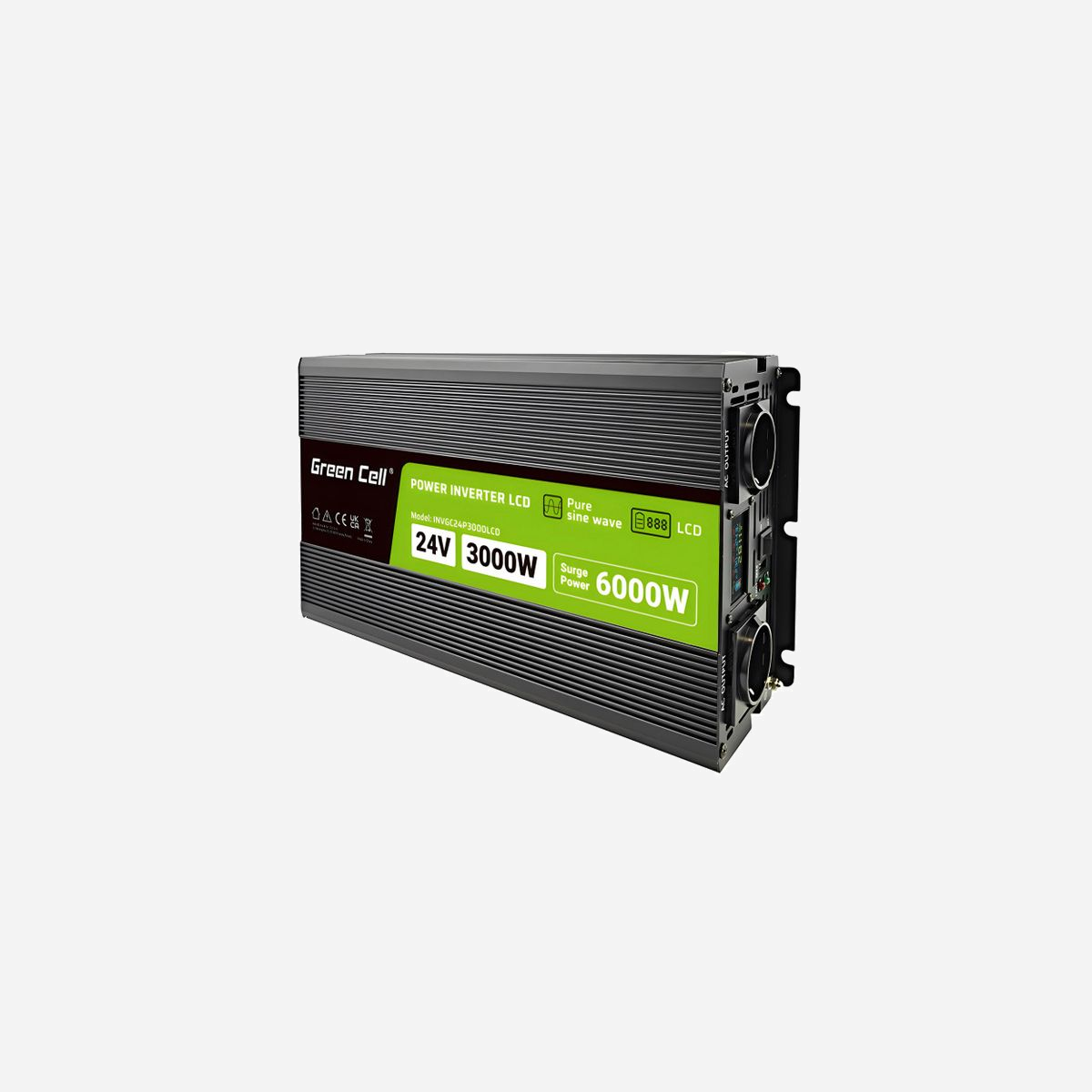 Green Cell PowerInverter 3000W LCD 24V DC-to-AC Onduleur Voiture Sinus Pur 230V/50Hz, USB, Type F, Refroidissement Actif, Boîtier Aluminium - Green Cell Przetwornica napicia PowerInverter LCD 24 V 3000W/60000W Przetwornica samochodowa z wywietlaczem - czysty sinus. Utilité: Onduleur pour voiture, Type d'alimentation d'énergie: Auto, Tension d'entrée: 24 V. Couleur du produit: Noir, Matériau du boîtier/corps: Aluminium, Type de refroidissement: Actif. Quantité: 1 pièce(s), Câbles inclus: CC