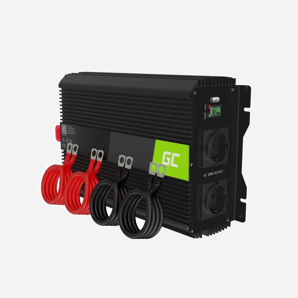 Green Cell INVGC12 Onduleur Automobile 3000W (DC-to-AC 12V vers 230V, 50Hz) avec 2 Prises, 1 USB, Refroidissement Actif, Certifié CE/RoHS - Green Cell INVGC12. Utilité: Onduleur pour voiture, Type d'alimentation d'énergie: Auto, Tension d'entrée: 12 V. Couleur du produit: Noir, Type de refroidissement: Actif, Voyants: Activité. Certificats de conformité: CE, RoHS. Largeur: 209 mm, Profondeur: 387 mm, Hauteur: 95 mm. Quantité: 1 pièce(s), Câbles inclus: CC
