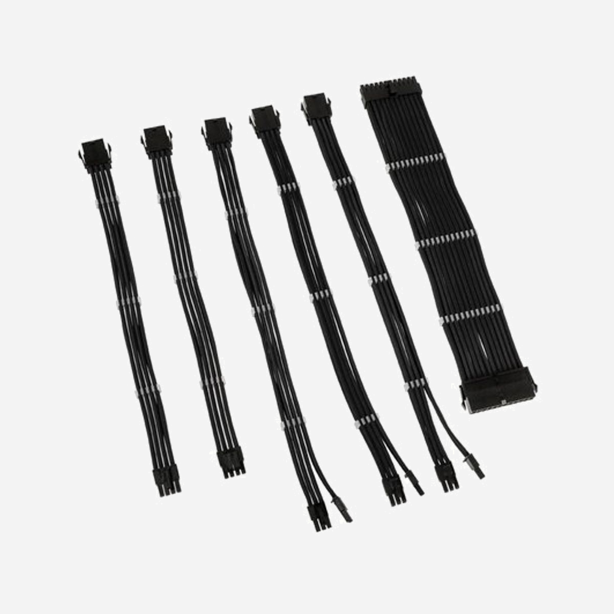 Kolink COREADEPT-EK-BLK : Kit de 6 câbles internes, longueur 0.35m, connecteurs mâle/femelle, AWG 16, gaine PET, conducteurs cuivre, incluant 20+4pin, 8pin, 4+4pin et 6+2pin. - Kolink COREADEPT-EK-BLK. Longueur de câble: 0,35 m, Genre de connecteur 1: Mâle, Genre de connecteur 2: Femelle. Quantité: 6 pièce(s), Contenu de l'emballage: 1 x 20+4pin cable (300mm) 1 x 8pin cable (300mm) 1 x 4+4pin cable (300mm) 3 x 6+2pin cables (350mm). Matériau du manteau: Polyéthylène téréphthalate (PET), Matériau conducteur: Cuivre