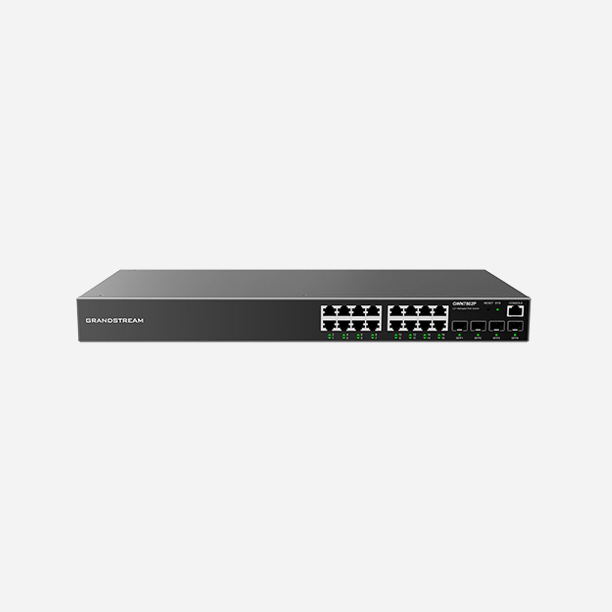 Grandstream GWN7802P : Commutateur Gigabit Ethernet L2+ Géré 16 ports RJ45 PoE+ 4 SFP 40Gbit/s, QoS, VLAN, CLI, Montage Rack 2U - Grandstream Networks GWN7802P. Type de commutateur: Géré, Banc de commutateurs: L2+. Type de port Ethernet RJ-45 de commutation de base: Gigabit Ethernet (10/100/1000), Quantité de ports Ethernet RJ-45 de commutation de base: 16, Nombre de modules SFP installés: 4. Capacité de commutation: 40 Gbit/s. Standards réseau: IEEE 802.3, IEEE 802.3ab, IEEE 802.3af, IEEE 802.3at, IEEE 802.3u, IEEE 802.3x. Connexion Ethernet, supportant l'alimentation via ce port (PoE). Montage mural, Grille de montage, Format: 2U