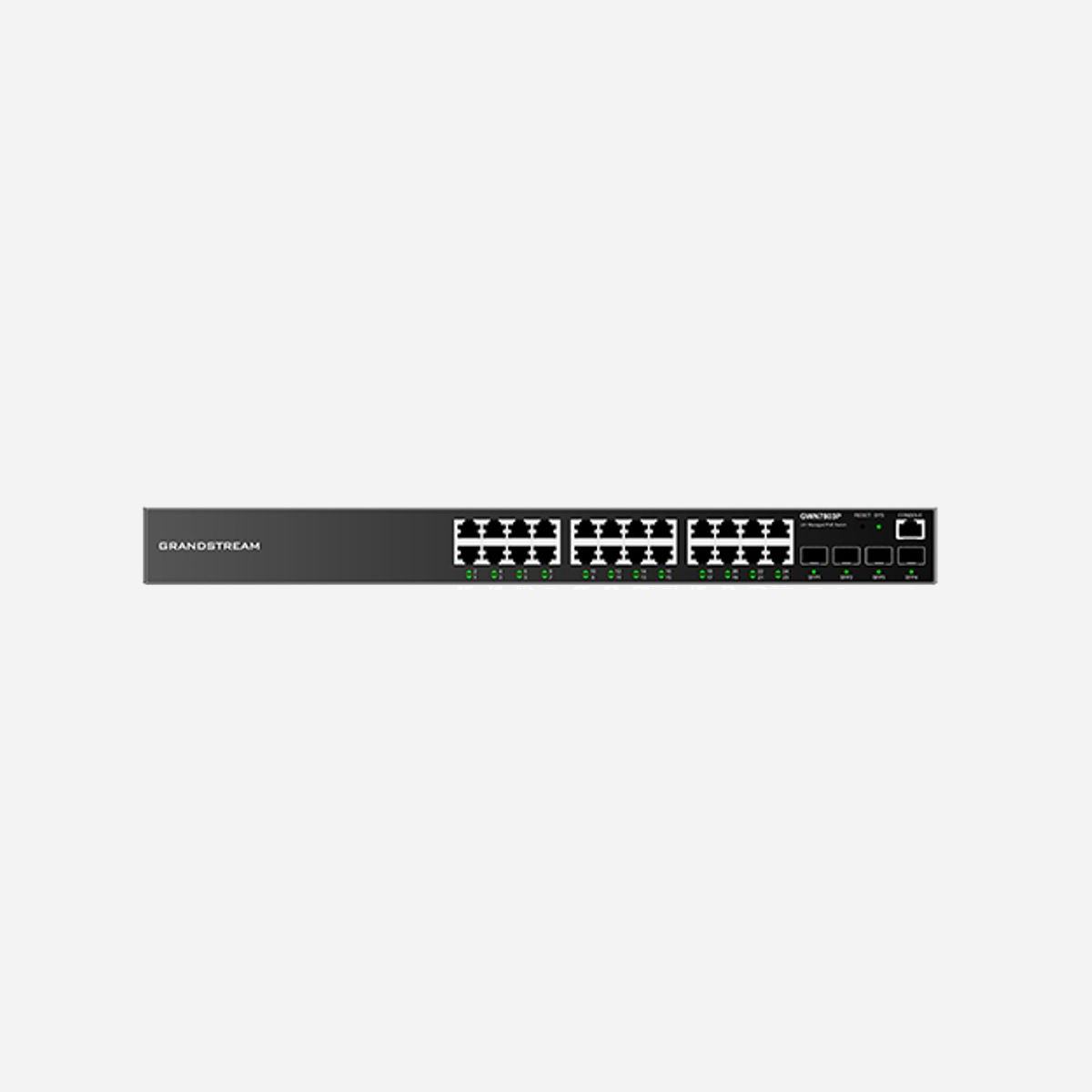 Grandstream GWN7803P : Switch Géré L2+ Gigabit Ethernet 24 RJ45 + 4 SFP, PoE, QoS, CLI, Web, 56Gbit/s, VLAN, IGMP, ACL, Montage en Rack - Grandstream Networks GWN7803P. Type de commutateur: Géré, Banc de commutateurs: L2+. Type de port Ethernet RJ-45 de commutation de base: Gigabit Ethernet (10/100/1000), Quantité de ports Ethernet RJ-45 de commutation de base: 24, Nombre de modules SFP installés: 4. Capacité de commutation: 56 Gbit/s. Standards réseau: IEEE 802.3, IEEE 802.3ab, IEEE 802.3at, IEEE 802.3i, IEEE 802.3p, IEEE 802.3u, IEEE 802.3x, IEEE.... Connexion Ethernet, supportant l'alimentation via ce port (PoE). Grille de montage