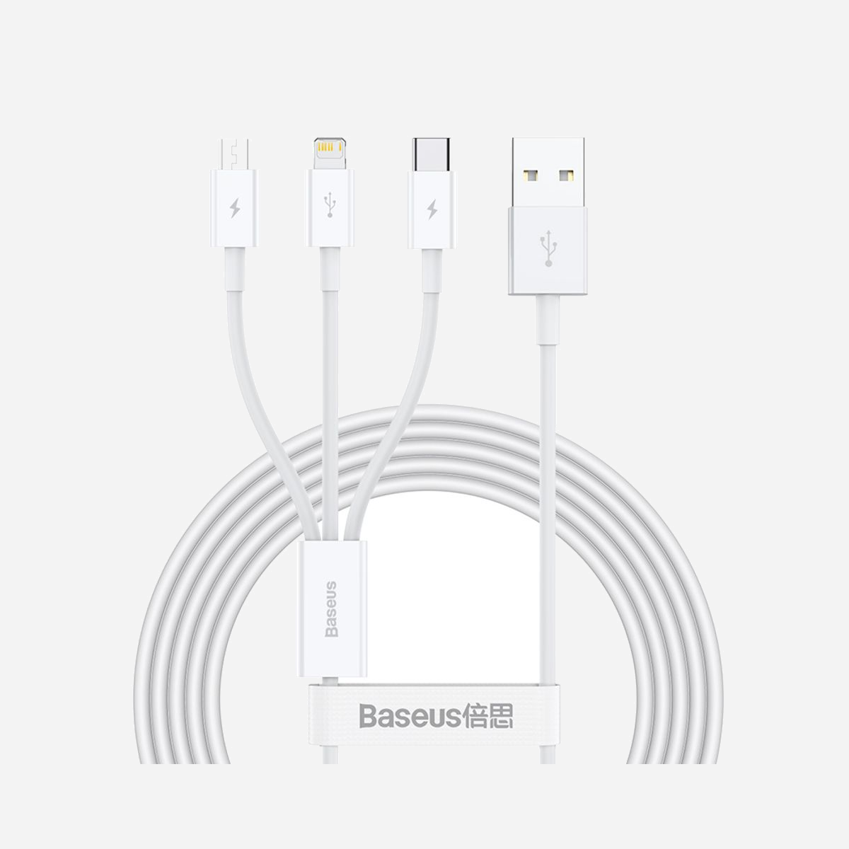 Baseus Superior Câble USB 2.0 1.5m USB-A vers USB-C/Micro USB A/Lightning, 480 Mbit/s, Blanc, 3.5A, Connecteurs Mâles, TPE - Baseus Superior. Longueur de câble: 1,5 m. Connecteur 1: USB A, Connecteur 2: USB C/Micro USB A/Lightning, Version USB: USB 2.0, Taux de transfert de données maximal: 0,48 Gbit/s, Couleur du produit: Blanc