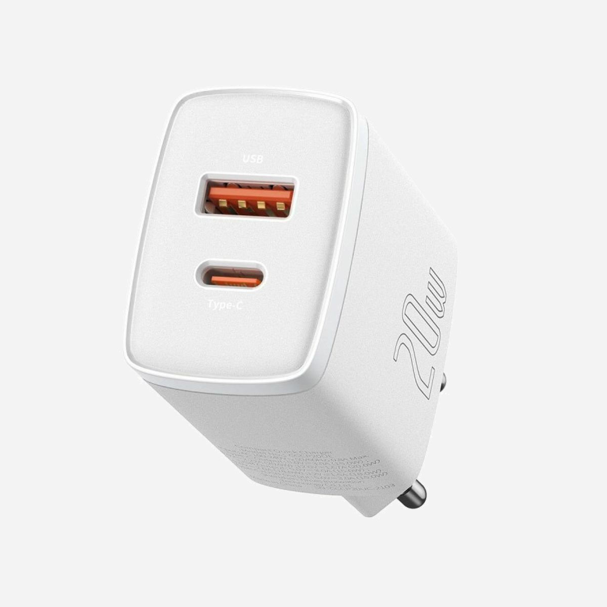 Baseus CCXJ-B02 Chargeur Secteur Universel 20W Blanc - 1x USB-C + 1x USB-A, 100-240V, Quick Charge, Sortie 5V/3A, 9V/2.22A, 12V/1.67A - Baseus CCXJ-B02. Type de chargeur: Intérieure, Type de source d'alimentation: Secteur, Compatibilité de chargeur: Universel. Tension d'entrée: 100 - 240 V, Tension de sortie (max): 12 V. Quantité de ports USB de type C: 1, Charge rapide. Couleur du produit: Blanc