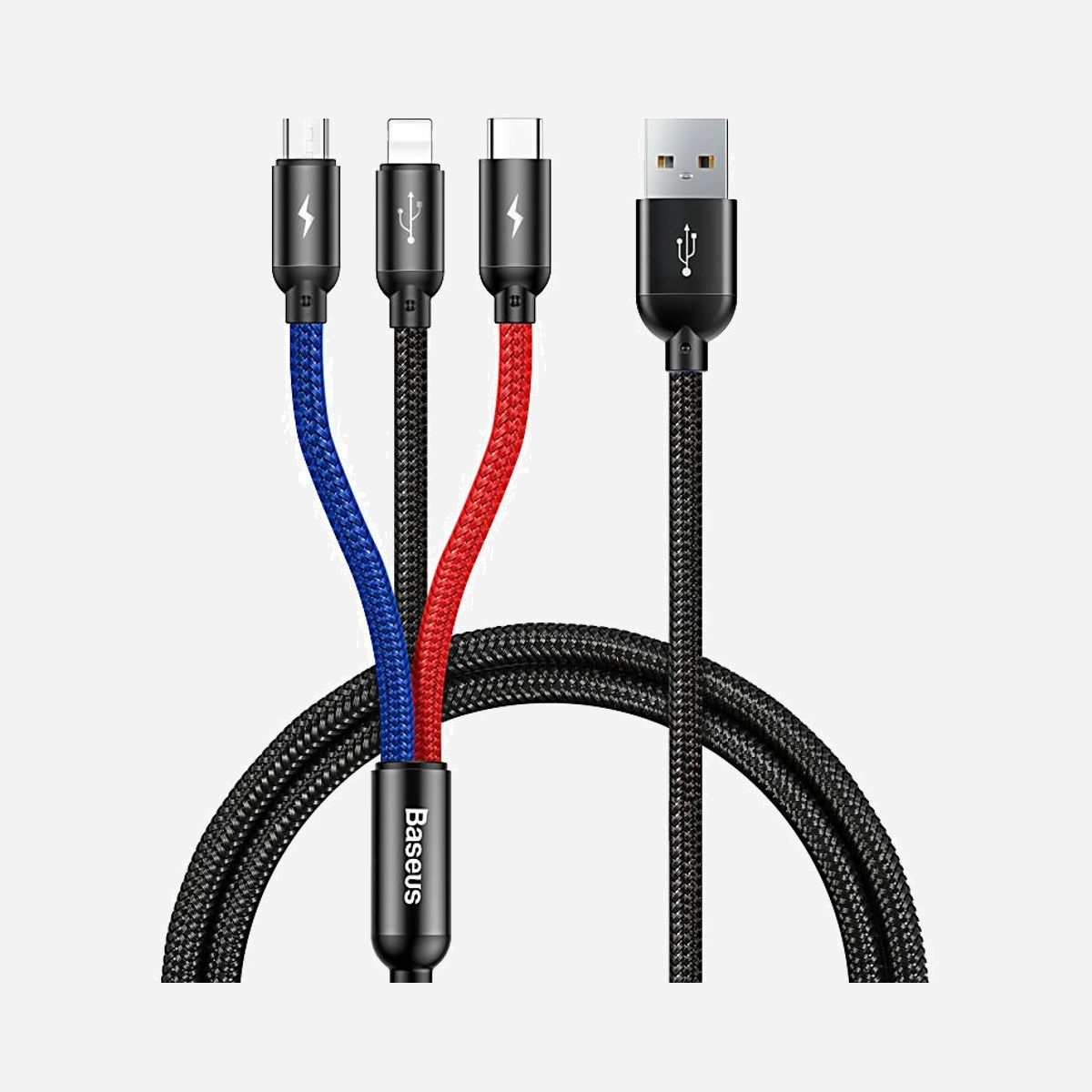 Baseus CAMLT-ASY01 Câble USB 0.3m Noir - USB A vers USB-C / Micro USB A / Lightning - Courant Max 3.5A - Connecteurs Mâles Droit - Baseus CAMLT-ASY01. Longueur de câble: 0,3 m. Connecteur 1: USB A, Connecteur 2: USB C/Micro USB A/Lightning, Couleur du produit: Noir
