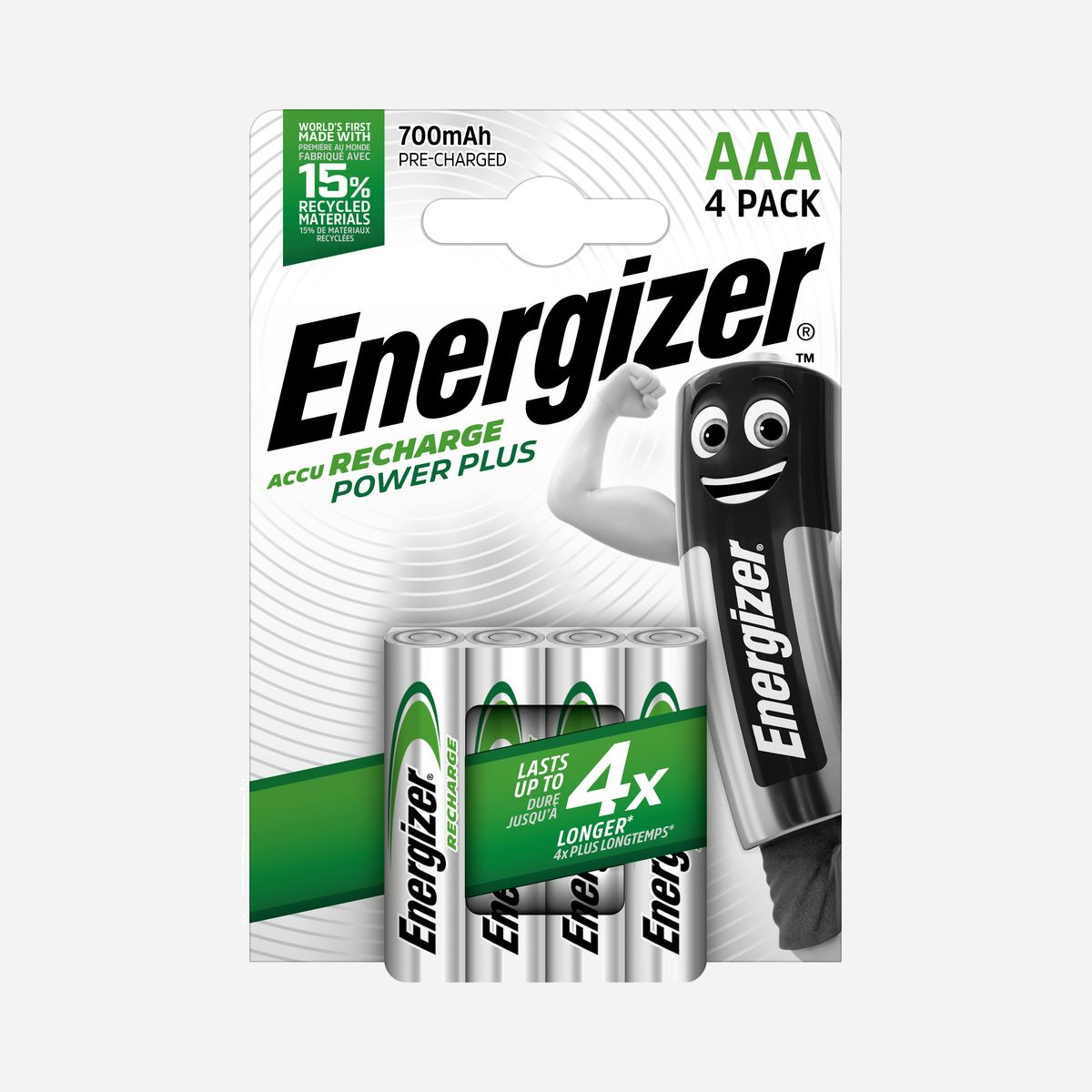 Energizer ENR Recharge Power Plus 700 AAA BP4 - Pack de 4 Batteries NiMH 1.2V 700mAh, Format AAA, Cylindrique, Blister - Pour jouets, les lecteurs MP3, les contrôleurs de la console de jeu... 1 batterie rechargeable remplace jusqu'à 600 piles alcalines.