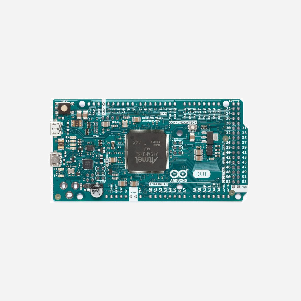 Carte de développement Arduino Due A000056 - Microcontrôleur AT91SAM3X8E 84MHz, 512KB Flash, 96KB SRAM, 42 Digital I/O, 12 Analog I/O - Arduino Due. Fréquence du processeur: 84 MHz, Modèle du microcontrôleur: AT91SAM3X8E. Mémoire flash: 0,512 Mo, Mémoire SRAM (Static Random Access Memory): 96 Ko. Format: Arduino. Tension de fonctionnement: 3,3 V, Tension d'entrée (max): 6 - 16 V. Dimensions du tableau: 101,52 x 53,3 mm, Poids: 36 g
