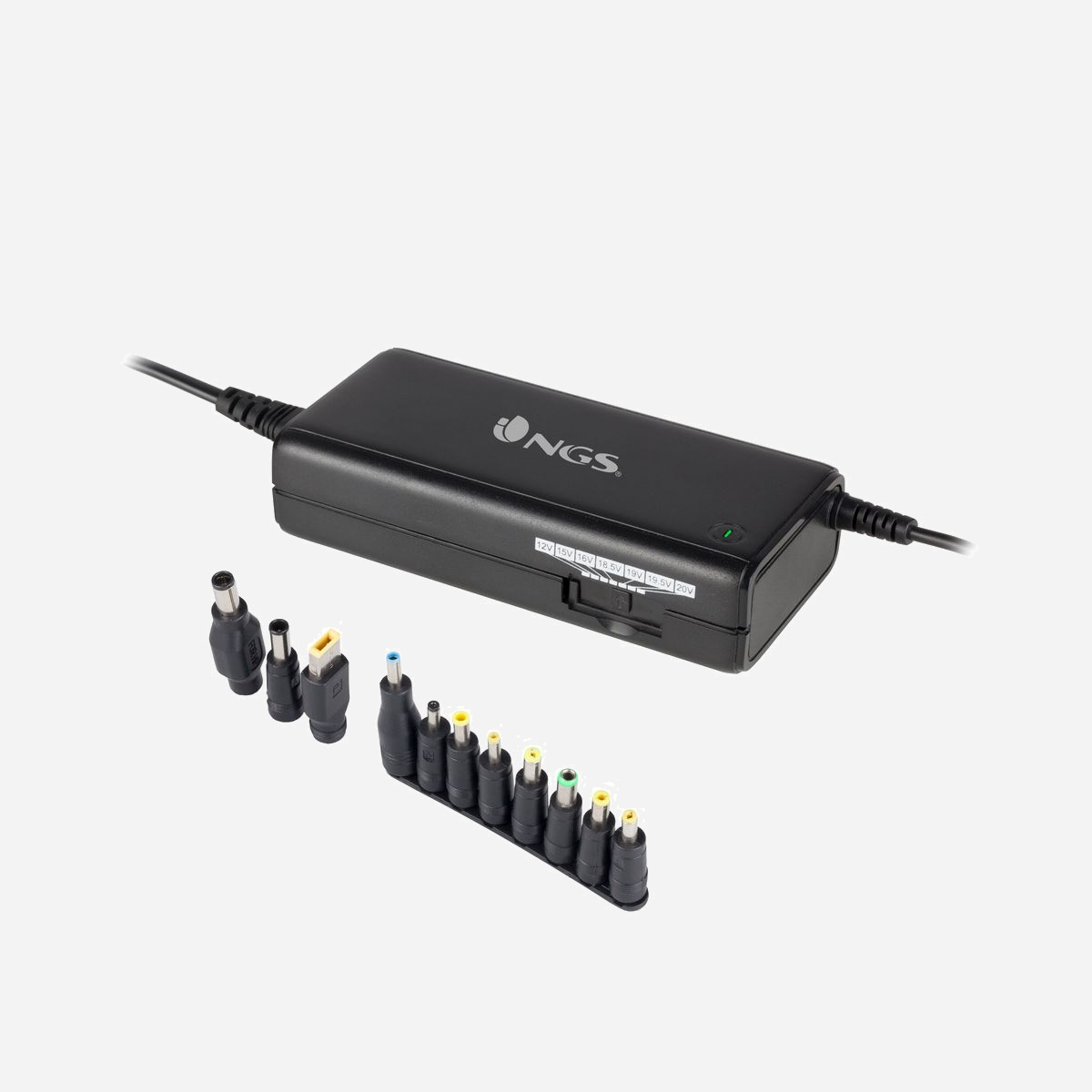 NGS BAN Adaptateur Secteur & Onduleur 90W Interne - AC/DC 12-20V - 11 Prises - Protections Surchauffe/Surcharge/Court-circuit - Noir - 130x60x40mm - NGS Ban. Utilité: Ordinateur portable, Type d'alimentation d'énergie: Intérieure, Puissance de sortie: 90 W. Sortie CC en volts: 20V, +12V. Couleur du produit: Noir, Voyants: Énergie. Largeur: 60 mm, Profondeur: 130 mm, Hauteur: 40 mm. Largeur du colis: 150 mm, Profondeur du colis: 60 mm, Hauteur du colis: 210 mm