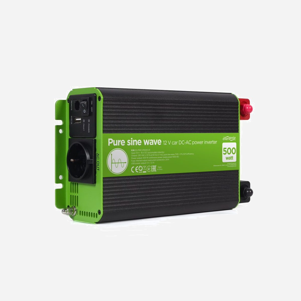 EnerGenie EG-PWC-PS500-01 Convertisseur 12V Auto vers 230V 500W Onde Sinusoïdale Pure, USB, Protections, Ventilateur, LED, 150x210x70mm - Convertisseur de tension de voiture 12V à prise unique de 500 W avec sortie à onde sinusoïdale pure.<br>Permet de connecter n'importe quel appareil électronique alimenté en courant alternatif (max. 500 Watt), comme les ordinateurs portables, les équipements HiFi ou vidéo, les chargeurs de téléphones portables/appareils photo, les outils électriques, etc.<br>Une protection intégrée contre les surcharges, les courts-circuits et les inversions de polarité, ainsi qu'un ventilateur de refroidissement intégré assurent une alimentation stable.<br>Indicateur d'état LED et buzzer d'alarme<br>