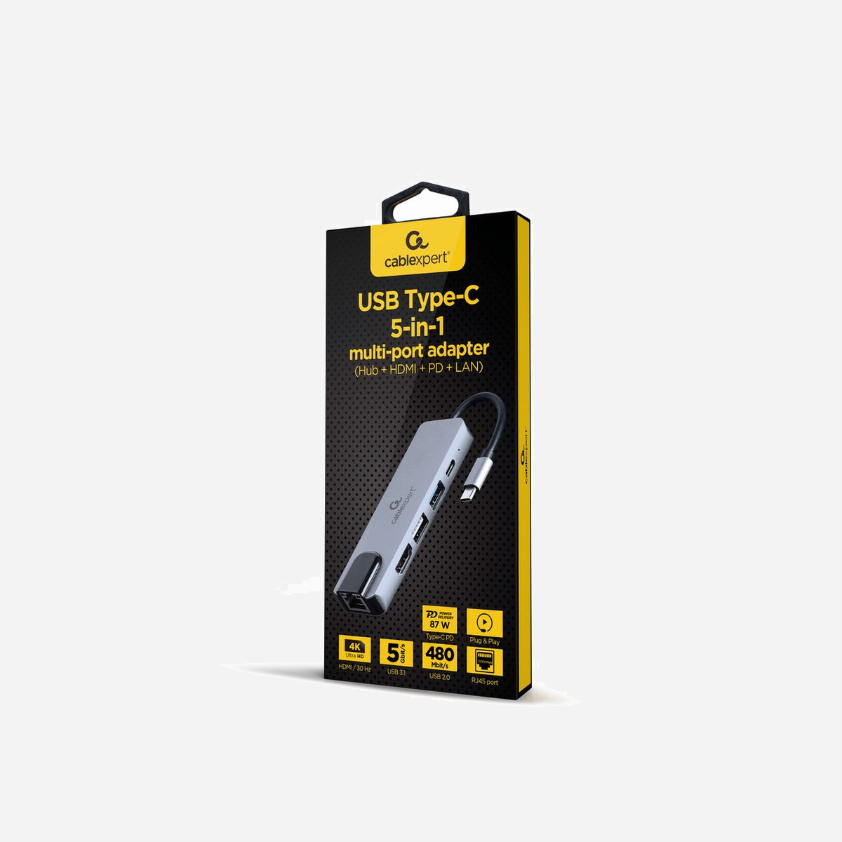 Gembird A-CM-COMBO5-04 Adaptateur Multiport USB Type-C 5-en-1 : USB 3.2 Gen 1, HDMI 4K 30Hz, Power Delivery 87W, LAN 10/100 Mbps - 2-port hub: USB 3.1 Gen 1 (5 Gbps) port and USB 2.0 port<br>HDMI port with UHD 4K support<br>87 W USB Type-C Power Delivery port<br>10/100 Mbps LAN port<br>Durable premium style metal housing