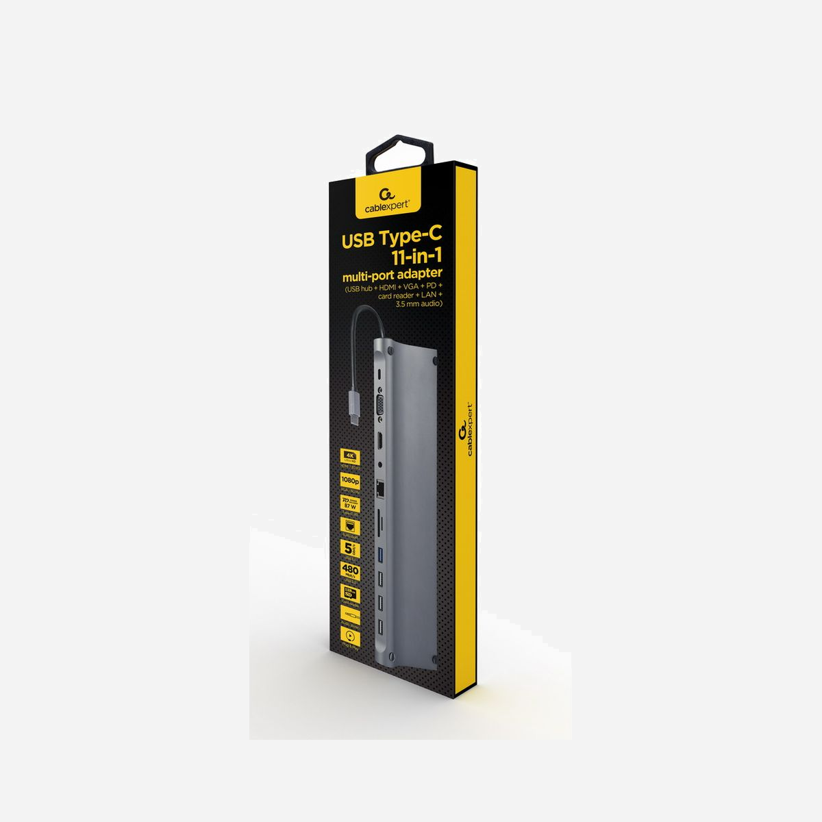 Gembird A-CM-COMBO11-01 : Adaptateur Multi-Ports USB Type-C 11-en-1 - USB 3.2 Gen 1, HDMI 4K 30Hz, VGA, USB-PD 87W, Lecteur Cartes SD/MicroSD, LAN, Audio 3.5mm - USB 3.1 Gen 1 (5 Gbps) port<br>3-port USB 2 (480 Mbps) hub<br>HDMI port with UHD 4K @30 Hz support<br>VGA Full HD video port<br>3.5 mm stereo audio output<br>10/100 Mbps LAN port<br>SD and Micro-SD card reader/writer<br>87 W USB Type-C Power Delivery 3.0 port<br>Durable premium style metal housing