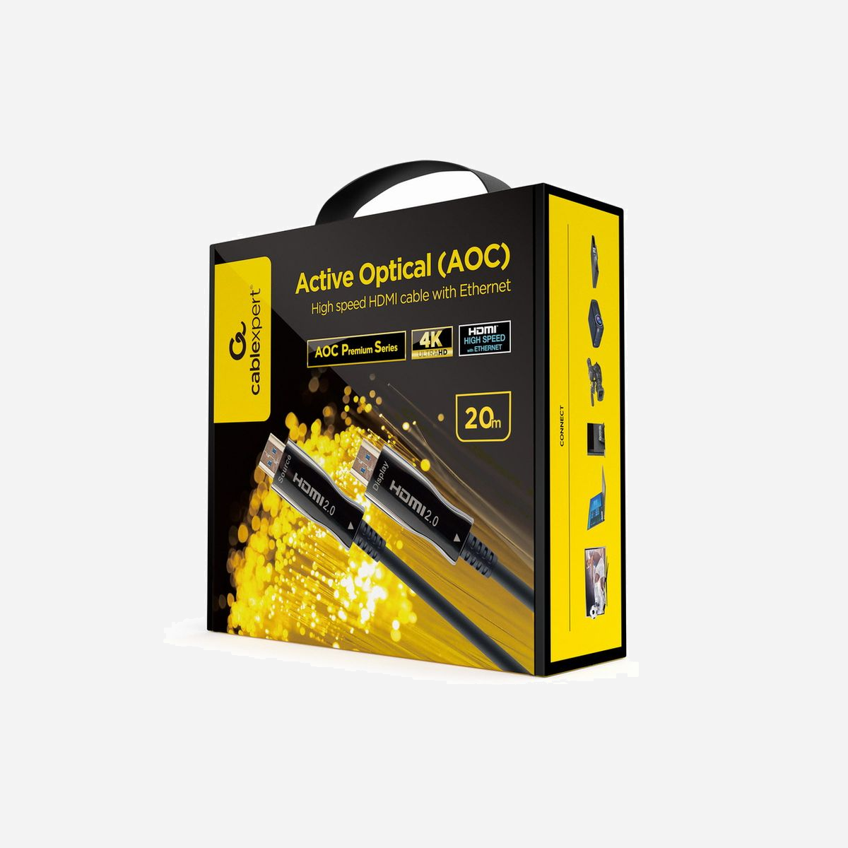 Gembird CCBP-HDMI-AOC-20M-02 : Câble Optique Actif HDMI 2.0 20m, 4K UHD 60Hz, Ethernet, HDCP 1.4/2.2, HDR, Fibre Optique, Connecteurs Plaqué Or - Câble AOC HDMI haut débit premium avec Ethernet<br> Prend en charge les résolutions HDMI 2.0 4K UHD à 60 Hz<br> Le câble à fibre optique est très résistant aux interférences EMI et RFI<br> Tresse en nylon durable et connecteurs en métal de qualité supérieure<br> Connecteurs plaqués or pour une qualité d'image parfaite<br> Compatible avec tous les appareils prenant en charge HDMI