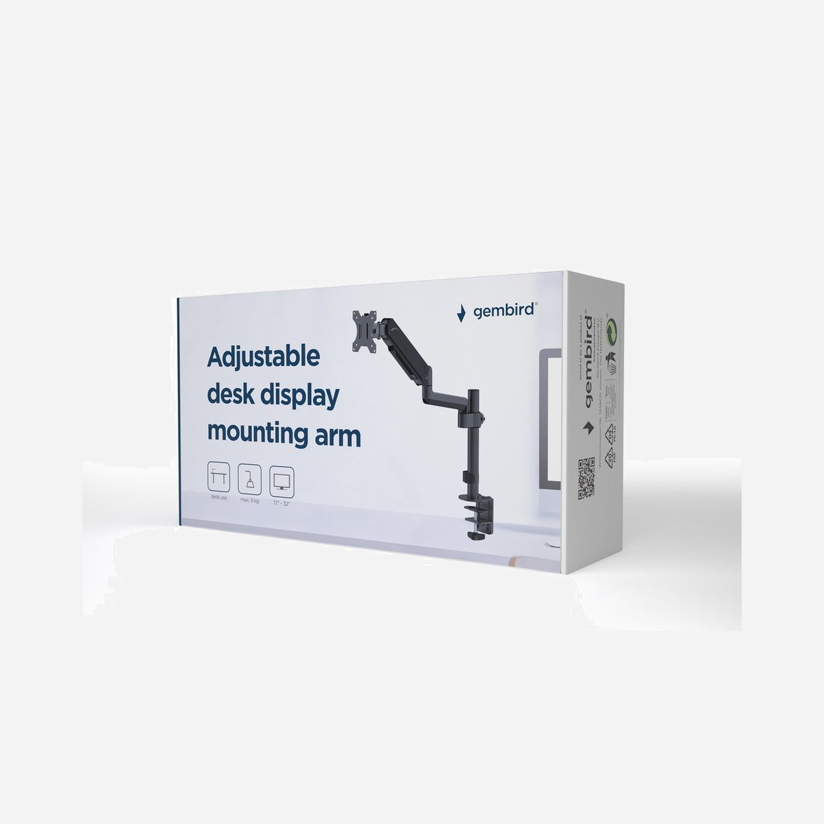 Gembird MA-DA1P-01 Support écran 17-32" (43.2-81.3cm), VESA 75x75/100x100, Bras articulé, Pivot -90/+90°, Inclinaison -35/+35°, 9kg Max. - Bureau de support pour moniteur avec un seul bras de moniteur<br> Bras tourne, se déploie et se rétracte, s'incline pour changer la lecture des angles et permet de faire pivoter l'affichage du mode paysage à portrait, etc.<br> Permet un positionnement ergonomique facile pour Ménagement<br> Fonctionne avec presque tous les écrans LCD (max. 32'''' )<br> Réglable Durable gaz-ressort approprié pour les moniteurs de 1 - 9 kg<br> VESA compatible (100 x 100 mm et 75 x 75 mm)