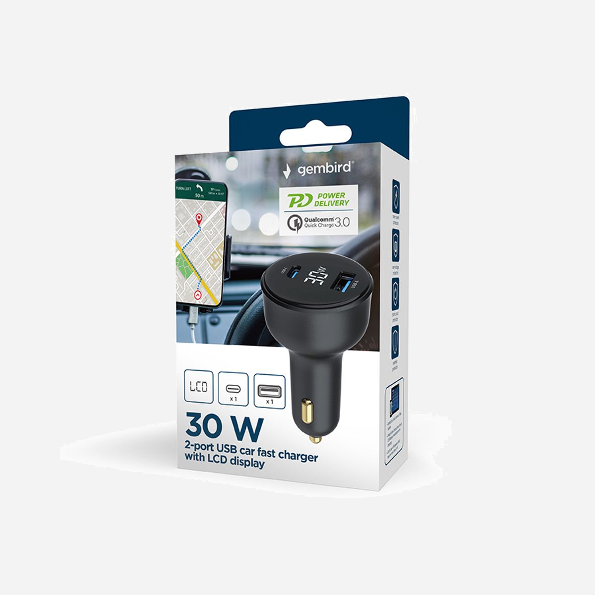 Gembird Chargeur Auto USB 30W Power Delivery & Quick Charge 3.0 avec LCD (1x USB-A, 1x USB-C), 12-24V, Protection Surtension/Court-circuit - 2-ports USB chargeur pour automobile 5V / 4.8A<br>Système d'auto protection de courant<br>Ports type USB pour charger les appareils comme; tablette, lecteur, portable, etc ...