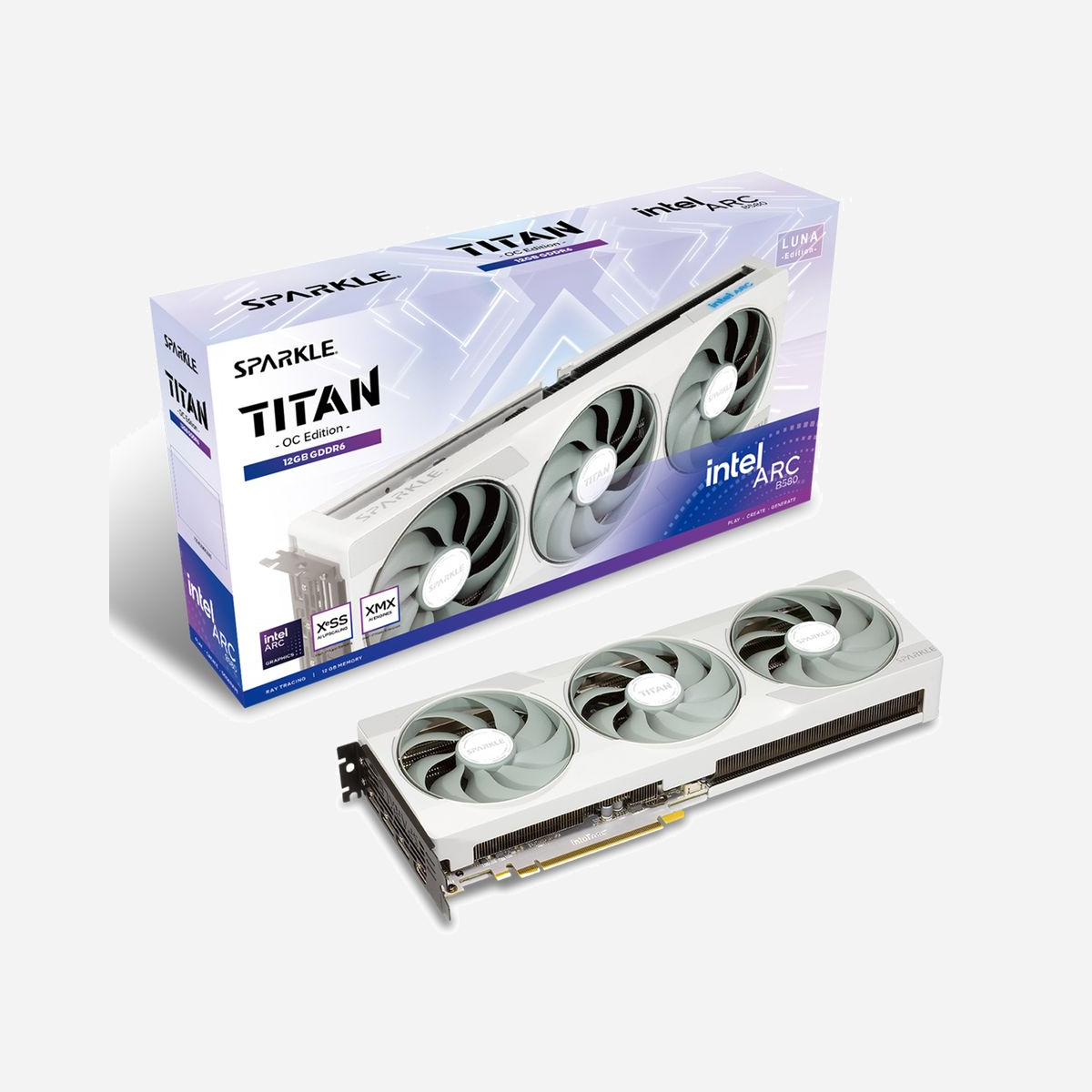 Sparkle Technology Arc B580 Luna OC - GPU Intel Arc B580 2740MHz, 12Go GDDR6 192-bit, PCIe 4.0 x8, DisplayPort 2.1, HDMI 2.1, 3 Ventilateurs - Sparkle Technology Intel Arc B580 Luna OC. Processeur graphique famille: Intel, Processeur graphique: Arc B580, Fréquence du processeur: 2740 MHz. Mémoire carte graphique distincte: 12 Go, Type de mémoire de l'adaptateur graphique: GDDR6, Mémoire Bus: 192 bit. Résolution maximale: 7680 x 4320 pixels. Version DirectX: 12 Ultimate, Version OpenGL: 4.6. Type d'interface: PCI Express x8 4.0. Type de refroidissement: Actif, Nombre de ventilateurs: 3 ventilateur(s)