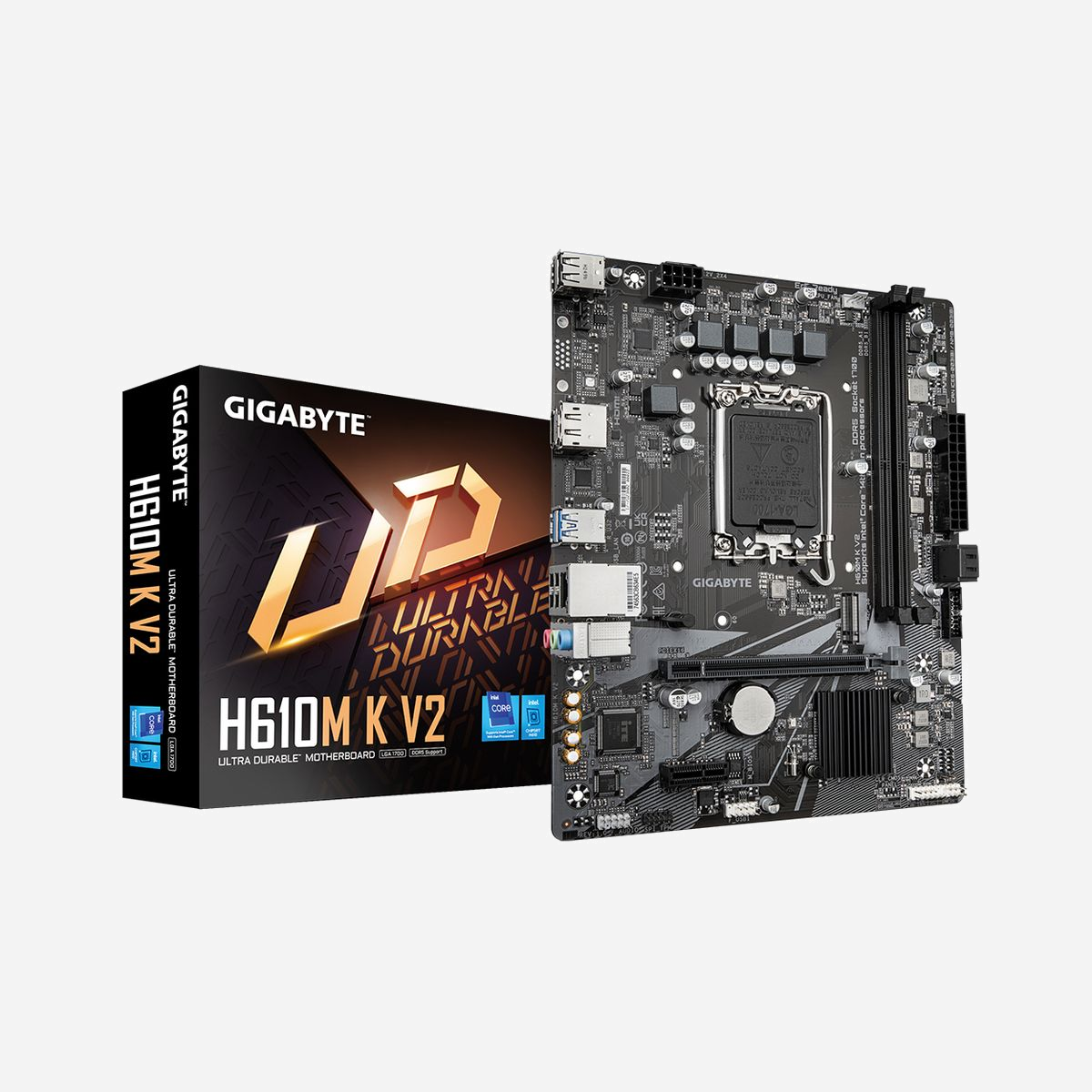 GIGABYTE H610M K V2 : Carte mère micro ATX Intel LGA 1700, DDR5 jusqu'à 5600MHz, PCIe 3.0 M.2, LAN 1GbE, USB 3.2 Gen 1 - Améliorez votre expérience informatique avec les séries de cartes mères renommées de GIGABYTE : AORUS, AERO et GIGABYTE. Dotées de designs innovants et de fonctionnalités avancées, ces cartes offrent des performances et une fiabilité exceptionnelles. Que vous soyez un joueur, un créateur de contenu ou un professionnel, nos séries répondent à vos besoins, en garantissant une qualité sans compromis et une technologie de pointe.