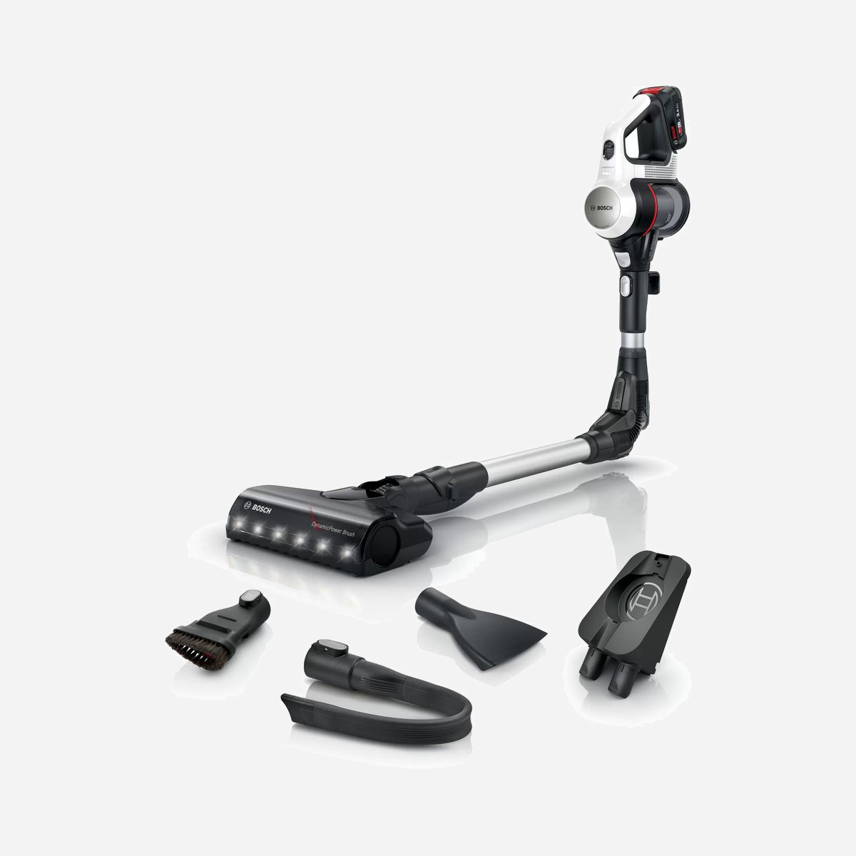 Bosch BBS711W Aspirateur Balai 2-en-1 sans Sac 0.3L Blanc - Batterie 18V 3Ah Autonomie 40min - Filtration Hygiénique, Tube Flexible & Brosse LED - <b>Aspirateur balai multifonction - Blanc<br>Unlimited 7 de Bosch</b> <br><br>Un maximum de performance, une flexibilité illimitée !<br>Notre aspirateur balai le plus flexible, un taux de dépoussiérage<br>supérieur à 99,9%.*<br><br>L’aspirateur balai sans fil Unlimited 7 est extrêmement polyvalent et puissant. Il est doté d’une utonomie longue durée avec sa batterie Power For All 18V – 3Ah. Multifonction, il aspire du sol au lafond et même jusque dans la voiture ! Son tube flexible lui permet d’aspirer sous les meubles sans ffort et sans perte de performance !