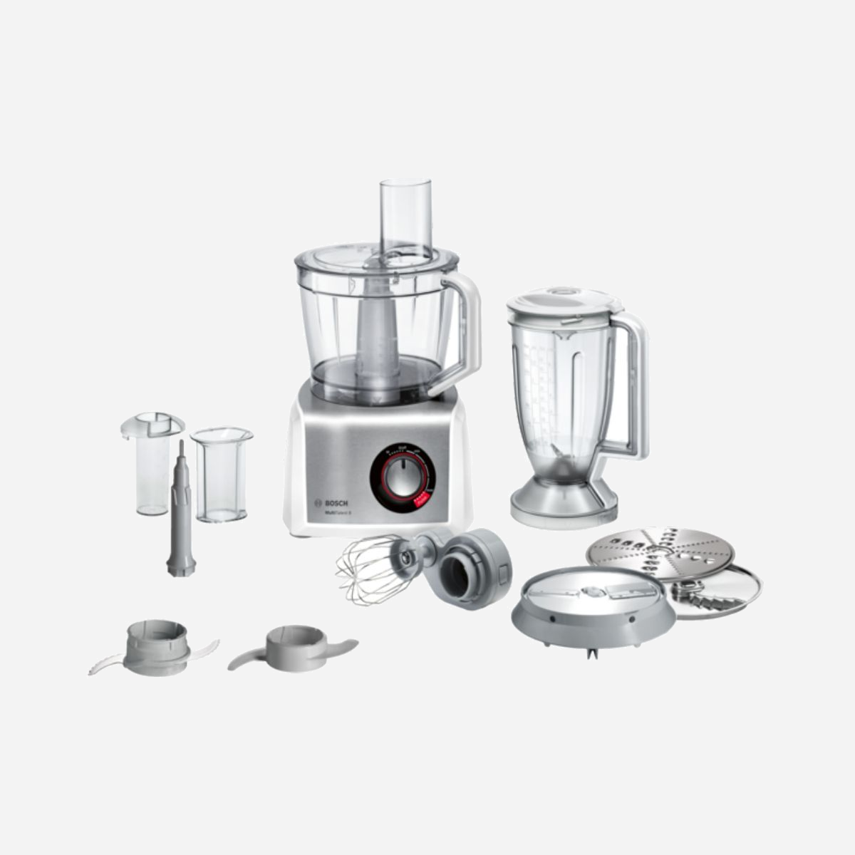 Robot de Cuisine Multifonction Bosch MC812S814 1250W, Bol 3.9L, Acier Inox/Blanc, Commande Rotative, Fonction Impulsion et Pétrissage, Incl. 11 Accessoires - Bosch MC812S814. Capacité du bol: 3,9 L, Couleur du produit: Acier inoxydable, Blanc, Type de commande: Rotatif. Matériel du bol: Plastique. Puissance: 1250 W, Tension d'entrée AC: 220 - 240 V, Fréquence d'entrée AC: 50 - 60 Hz. Largeur: 430 mm, Profondeur: 250 mm, Hauteur: 300 mm. Largeur du colis: 392 mm, Profondeur du colis: 400 mm, Hauteur du colis: 400 mm