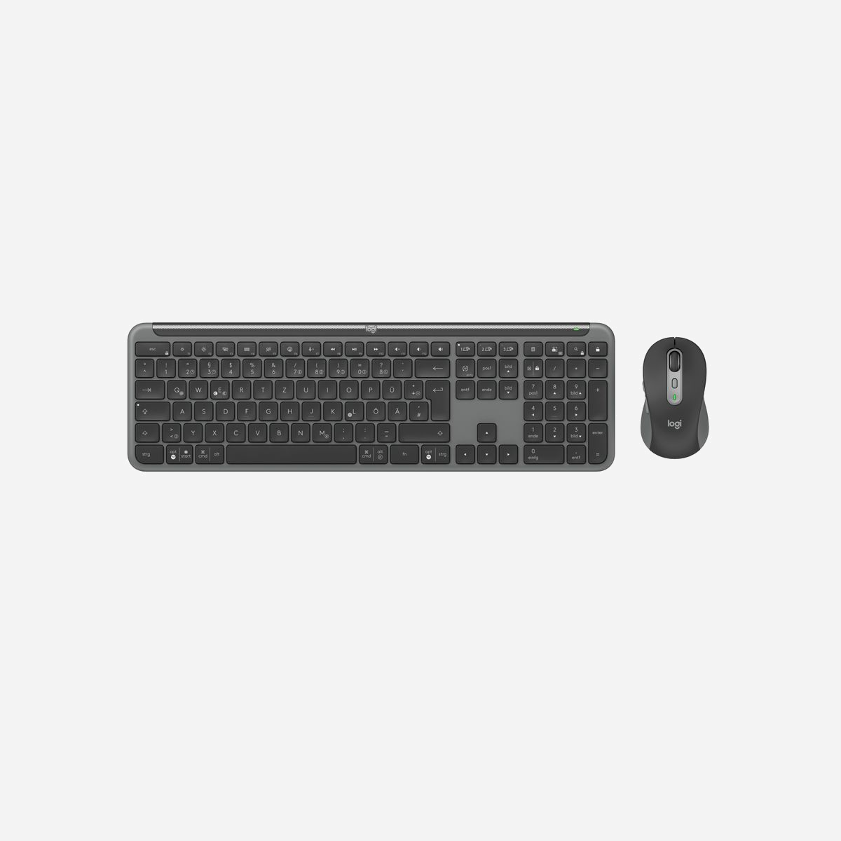 Logitech Signature Slim Combo MK950 - Clavier QWERTZ sans fil RF/Bluetooth Graphite - Souris 4000 DPI - Compatibilité Windows/macOS/Linux/ChromeOS - Logitech Signature Slim Combo MK950. Facteur de forme du clavier: Taille réelle (100 %). Style de clavier: Droit. Technologie de connectivité: Sans fil, Interface de l'appareil: RF sans fil + Bluetooth, Interrupteur à clé de clavier: Commutateur de touche « ciseaux », Disposition des touches du clavier: QWERTZ, Utilisation recommandée: Bureau. Couleur du produit: Graphite. Souris incluse