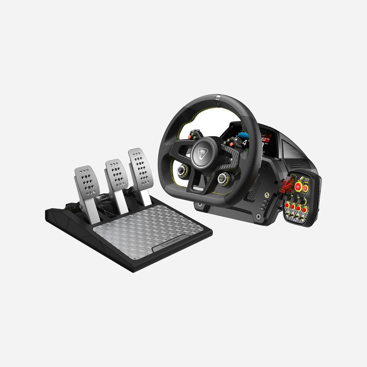 Turtle Beach VelocityOne Race Volant + Pédales USB PC/Xbox, Retour de Force K:Drive, Palettes Mag-Shift, Dynamic Brake Tek, Race Management Display - <b>Une immersion ultra-réaliste</b><br>Découvrez un niveau de réalisme inédit avec le système de volant et pédales Turtle Beach® VelocityOne™ Race, conçu pour offrir une simulation de course haute fidélité sur Xbox Series X|S, Xbox One et PC Windows 10 et 11. Le retour de force à entraînement direct haute fidélité est délivré par notre moteur personnalisé K: Drive™. Il offre une réponse puissante et une direction fluide, avec des réactions détaillées et à faible latence face aux événements qui se produisent dans la course. Personnalisez entièrement votre expérience selon votre environnement de conduite préféré. De plus, le volant en cuir cousu main renforce le réalisme et améliore l'adhérence. Montez dans les tours à bord d'une muscle car classique ou filez comme le vent avec une supercar moderne grâce aux palettes au volant Mag-Shift™, qui offrent des changements de vitesse toujours fiables et cohérents. Et pour plus de personnalisation et de simplicité, les deux palettes analogiques supplémentaires, avec capteurs à effet Hall magnétiques, offrent un contrôle précis de l'embrayage et du frein à main. <br><br><b>Race Management Display</b><br>Le tableau de bord numérique avancé vous offre un accès rapide à la télémétrie en temps réel et à d'autres données de performances essentielles du véhicule, avec une personnalisation complète et une intégration à des jeux de course très appréciés pour optimiser l'immersion. Vous pouvez également afficher les données directement en temps réel, avec les affichages authentiques de tableau de bord pour les jeux de course compatibles. Adaptez les moindres aspects de votre expérience de conduite, notamment les niveaux de retour de force, le freinage, la réaction de l'accélérateur et de l'embrayage, le mappage des commandes, et plus encore. Et grâce à l'application VelocityOne™ Tuner associée, disponible sur Xbox, PC et pour les appareils iOS et Android, vous pouvez ajuster le produit, mapper les commandes et mettre à jour le produit en direct.<br><br><b>Jeu de pédales en aluminum haut de gamme</b><br>Vous pouvez adapter les pédales en aluminium entièrement ajustables selon le type de voiture que vous utilisez, ou selon vos préférences personnelles. Le système de freinage à cellule de charge Dynamic Brake Tek™ offre des performances de freinage ultra-réalistes, avec une réponse authentique selon le degré de force appliqué sur la pédale, comme dans une vraie voiture. Et grâce à l'ajustement gauche-droite de la pédale, vous pouvez la positionner selon vos préférences. La pédale d'embrayage intégrée est idéale pour conduire avec un levier de vitesses. Si vous préférez utiliser les palettes au volant, vous pouvez abaisser la pédale d'embrayage afin de bénéficier de plus d'espace pour le freinage et l'accélérateur.<br><br><b>Des commandes inspirées de la course</b><br>Le VelocityOne™ Race Control Unit™ a été conçu d'après les commandes réelles et fournit un accès facile aux systèmes et réglages essentiels de la voiture. Le VCU inclut 6 boutons, 5 interrupteurs à bascule à loquet et 3 molettes rotatives, et possède une conception modulaire avec une connexion USB-C pour vous permettre d'installer l'unité de manière indépendante ou de chaque côté du volant. <br><br><b>Un design polyvalent</b><br>Le VelocityOne™ Race possède un design modulaire, conçu pour les futures mises à niveau et mises à jour et pour offrir une polyvalence maximale, dans votre configuration de course permanente ou temporaire. Montez le VelocityOne™ Race sur le VelocityOne™ Stand ou dans toute autre configuration à l'aide de la pince discrète incluse, ou à l'aide des trous pré-percés avec vis incluses. Les deux solutions sont conçues pour prendre en charge le retour de force du volant, tout en n'opposant aucune gêne en dessous. Les pédales possèdent également des trous pré-percés et des vis, ainsi que des patins en caoutchouc adhésifs pour un montage au sol sur différentes surfaces.<br><br><b>Une configuration authentique et complète</b><br>Le VelocityOne™ Race offre des performances exceptionnelles et ultraréalistes aux pilotes qui veulent être en tête. Le VelocityOne™ Race est un cockpit complet, avec un volant à retour de force et entraînement direct haute fidélité, des pédales en aluminium ajustables et une Control Unit™ modulaire pour vous fournir tout le nécessaire dans vos titres de simulation de course préférés.<br><br><b>Un moteur à retour de force K: Drive™ ultra-réaliste</b><br>Ressentez intensément chaque moment de la course grâce au moteur personnalisé à retour de force et à entraînement direct, pour une réponse cinétique haute fidélité. Le moteur à retour de force K: Drive™ est ajustable à la volée, pour offrir une réponse détaillée qui renforce le réaliste des circuits virtuels dans les jeux de simulation de course les plus appréciés. De plus, la conception à entraînement direct vous offre une réponse à faible latence, pour plus de sensations sur le circuit et pour vous permettre de maîtriser les performances de votre véhicule.<br><br><b>Des palettes Mag-Shift™ fluides</b><br>Les deux palettes Mag-Shift™ vous permettent de changer de vitesse de manière fluide et fiable, sur tous les véhicules. De plus, les deux palettes analogiques supplémentaires, avec capteurs à effet Hall magnétiques, offrent un contrôle précis de l'embrayage et du frein à main.<br><br><b>Race Management Display™</b><br>Tableau de bord avancé pour une télémétrie de course en temps réel, avec une personnalisation complète et une intégration à des jeux de course très appréciés pour optimiser l'immersion et les performances. Adaptez les moindres aspects de votre expérience de conduite sur 10 profils de mémoire intégrés, notamment le retour de force, le mappage des commandes, et plus encore. Les données s'affichent en temps réel sur les titres compatibles, avec les affichages authentiques de tableau de bord. <br>La compatibilité du jeu dépend de l'intégration du développeur. Consultez la liste de compatibilité pour découvrir les mises à jour régulières.<br><br><b>Des pédales personnalisables</b><br>Vous pouvez adapter les pédales en aluminium entièrement ajustables selon le type de voiture que vous utilisez, pour une immersion ultime dans la course. Affinez la résistance et le recul des pédales d'accélération, de frein et d'embrayage, selon votre voiture préférée. De plus, la pédale d'embrayage intégrée est idéale pour conduire avec un levier de vitesses. Si vous préférez utiliser les palettes au volant, vous pouvez abaisser la pédale d'embrayage et ajuster la pédale de frein de gauche à droite afin de bénéficier de plus d'espace entre la pédale de frein et l'accélérateur.<br><br><b>Un système de freinage optimisé à cellule de charge</b><br>Le système de freinage à cellule de charge Dynamic Brake Tek™ est conçu pour offrir de bonnes performances de freinage quelles que soient les conditions, selon le degré de force appliqué sur la pédale, et non selon la distance parcourue par la pédale. Ainsi, comme dans une vraie voiture, si vous écrasez la pédale de frein, l'arrêt sera plus brutal. Vous pouvez également régler facilement le Dynamic Brake Tek™ directement depuis le RMD ou l'application associée Tuner.<br><br><b>VelocityOne™ Control Unit™ </b><br>Le VelocityOne™ Control Unit™ (VCU) amovible fournit un accès facile aux systèmes et réglages essentiels de la voiture. Inspiré des commandes réelles, le VCU comprend 6 boutons, 5 interrupteurs à bascule à loquet et 3 molettes rotatives pour ajuster les mappages de freinage, l'éclairage du véhicule, le retour de force, et ainsi de suite. De plus, la conception modulaire avec connexion USB-C permet de monter l'unité de commande sur n'importe quel côté du volant, ou séparément dans votre cockpit de course.<br><br><b>Matériaux de course haut de gamme</b><br>Le volant en cuir cousu main, les pédales d'accélération, d'embrayage et de frein en aluminium, et les commandes inspirées des voitures performances apportent un réalisme exceptionnel à votre configuration.<br><br><b>Application VelocityOne™ Tuner associée</b><br>Téléchargez l'application Tuner sur votre console Xbox, votre PC ou votre smartphone iOS ou Android pour ajuster les performances du produit et configurer des profils remappables, pour des fonctionnalités telles que le retour de force, le freinage, l'ajustement de l'éclairage, le mappage des boutons et des manettes, etc. De plus, l'application Tuner vous permet d'effectuer rapidement des mises à jour de produit et de télécharger les futures expansions de contenu. <br><br><b>Solutions de fixation polyvalentes</b><br>Les empiècements latéraux uniques en forme d'aide offrent un accès pratique à la pince de montage discrète, qui maintient votre volant à pleine vitesse et ne vous dérange pas pendant les courses intenses. Les trous pré-percés et les vis incluses permettent d'intégrer facilement le volant au VelocityOne™ Stand ou à d'autres installations de simulation. Les patins en caoutchouc adhésifs, quant à eux, maintiennent les pédales solidement en place sur toutes les surfaces.<br><br><b>Réglage audio Turtle Beach®</b><br>Réglez le son du jeu selon vos préférences grâce aux cinq préréglages audio sélectionnables, notamment Superhuman Hearing™. Vous pouvez également ajuster le volume principal, le mélangeur pour le volume du jeu et du chat, le retour micro et plus encore, à l'aide du Race Management Display™ ou de l'application associée Tuner.<br><br><b>Une compatibilité multiplateforme</b><br>VelocityOne™ Race est sous licence officielle pour Xbox Series X|S et Xbox One et fonctionne parfaitement avec vos jeux de course préférés sur PC Windows 10 et 11. De plus, la simple connexion USB-A permet de basculer facilement entre la console et les PC.
