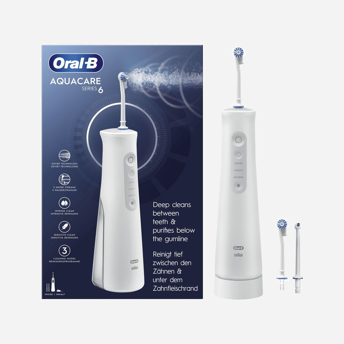 Oral-B AquaCare 6 Pro-Expert Irrigateur Oral sans Fil - Réservoir 0.15L, 6 Niveaux de Puissance, Technologie Oxyjet, 2 Têtes, Batterie Rechargeable - Oral-B AquaCare 6 Pro-Expert. Capacité du réservoir d'eau: 0,15 L, Couleur du produit: Blanc, Type de produit: Irrigateur oral sans fil. Source d'alimentation: Batterie. Nombre de têtes: 2 tête(s)