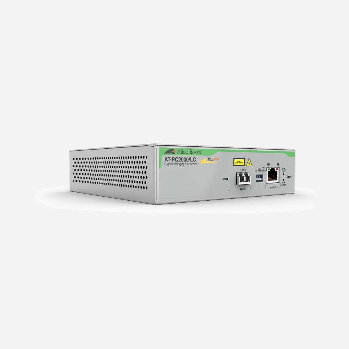 Allied Telesis AT-PC2000/LC-960 Convertisseur Média 1000Base-T vers 1000Base-SX LC 850nm, PoE+ 30W, portée 1km, Jumbo Frames - Allied Telesis AT-PC2000/LC-960. Débit de transfert des données maximum: 1000 Mbit/s, Taux de transfert des paquets (10 Gbps): 14880 pps, Taux de transfert des paquets (100 Mbps): 148880 pps. Distance de transfert maximale: 1000 m, Longueur d'onde: 850 nm. Voyants: Activité, Liaison, Réseau, PoE, Couleur du produit: Gris. Connecteur de fibre optique: LC, Technologie de connectivité: Avec fil. Tension d'entrée: 100 - 240 V, Fréquence d'entrée AC: 50 Hz, Consommation électrique typique: 35 W