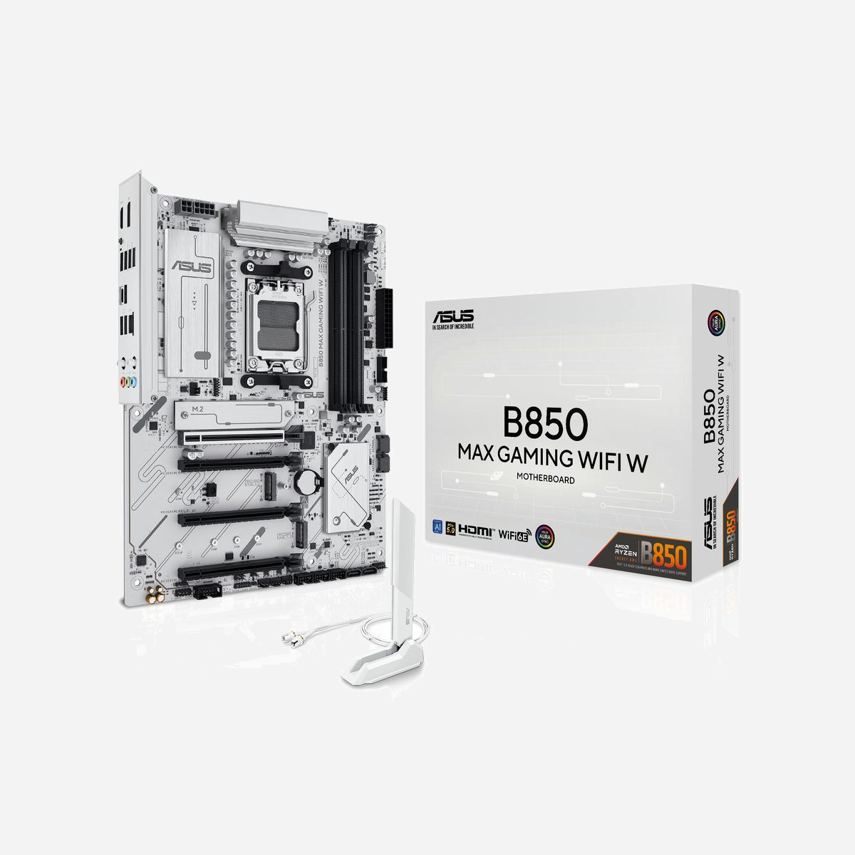 ASUS B850 MAX GAMING WIFI : Carte mère ATX AMD B850, Socket AM5, DDR5, Wi-Fi 6E, 2.5GbE, M.2 PCIe 5.0/4.0, RAID, USB 3.2 Gen 2, Compatible AMD Ryzen 7000/8000/9000 Series - ASUS B850 MAX GAMING WIFI W. Fabricant de processeur: AMD, Socket de processeur (réceptable de processeur): Emplacement AM5, Processeurs compatibles: AMD Ryzen 7000 Series, AMD Ryzen 8000 Series, AMD Ryzen 9000 Series. Types de mémoire pris en charge: DDR5-SDRAM, Mémoire interne maximale: 256 Go, Type de support (slot): DIMM. Interfaces de lecteur de stockage prises en charge: M.2, SATA III, Types de lecteurs de stockage pris en charge: HDD & SSD, Niveaux RAID: 0, 1, 5, 10. Type d'interface Ethernet: 2.5 Gigabit Ethernet, Norme Wi-Fi: Wi-Fi 6E (802.11ax), Standards wifi: Wi-Fi 6E (802.11ax). composant pour: PC, Elément de forme de carte mère: ATX, famille de composant de produits: AMD