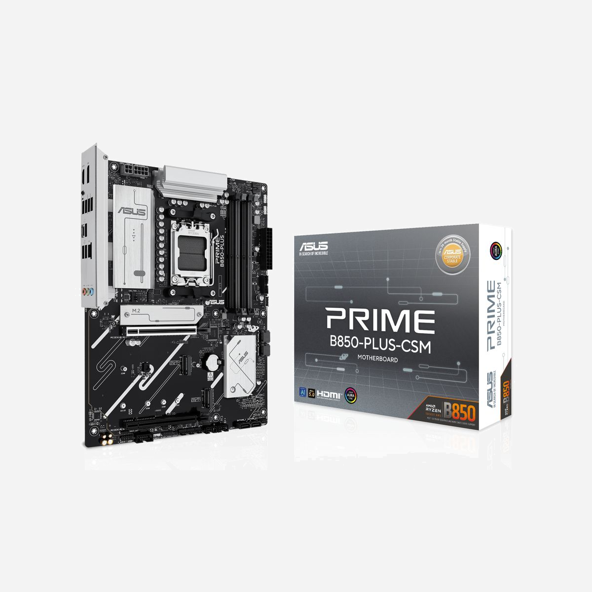 Carte mère ASUS PRIME B850-PLUS-CSM Socket AM5 ATX, Chipset AMD B850, DDR5-SDRAM 256Go max, M.2/SATA III, 2.5 Gigabit Ethernet, USB Type-A/Type-C, support RAID - ASUS PRIME B850-PLUS-CSM. Fabricant de processeur: AMD, Socket de processeur (réceptable de processeur): Emplacement AM5, Processeurs compatibles: AMD Ryzen 7000 Series, AMD Ryzen 8000 Series, AMD Ryzen 9000 Series. Types de mémoire pris en charge: DDR5-SDRAM, Mémoire interne maximale: 256 Go, Type de support (slot): DIMM. Interfaces de lecteur de stockage prises en charge: M.2, SATA III, Types de lecteurs de stockage pris en charge: HDD & SSD, Niveaux RAID: 0, 1, 5, 10. Connecteur USB: USB Type-A, USB Type-C. Type d'interface Ethernet: 2.5 Gigabit Ethernet