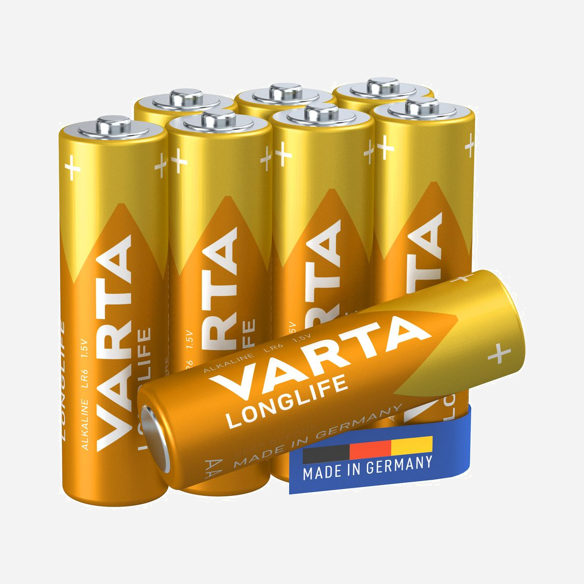 Varta Longlife AA Pile Alcaline Usage Unique 1.5V - 8 unités - Dimensions 50.5mm x 14.5mm - Poids 23.2g - Fabrication Allemande Ref 04106-101-418 - Varta Longlife AA. Type de batterie: Batterie à usage unique, Taille(s) de la batterie: AA, Technologie batterie: Alcaline. Hauteur: 50,5 mm, Diamètre: 1,45 cm, Poids: 23,2 g. Largeur du colis: 167 mm, Profondeur du colis: 16,4 mm, Hauteur du colis: 120 mm