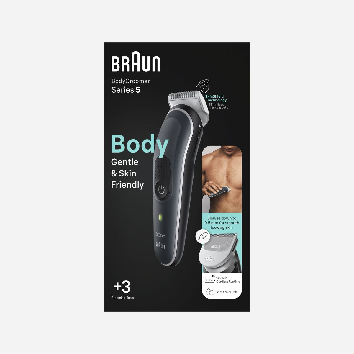 Braun BodyGroomer BG5340 Noir/Argent : Tondeuse Corps Wet&Dry, Autonomie 100min, Batterie Li-Ion, Lames Ajustables 0.5-1.1mm, Recharge 1h - Braun BodyGroomer BG5340. Couleur du produit: Noir, Argent, Longueur de cheveux minimum: 0,5 mm, Longueur de cheveux maximum: 1,1 cm. Source d'alimentation: AC/Batterie, Technologie batterie: Lithium-Ion (Li-Ion), Type de batterie: Batterie intégré. Pays d'origine: Chine. Poids: 238 g, Poids de la batterie: 18,6 g. Largeur du colis: 57 mm, Profondeur du colis: 137 mm, Hauteur du colis: 282 mm