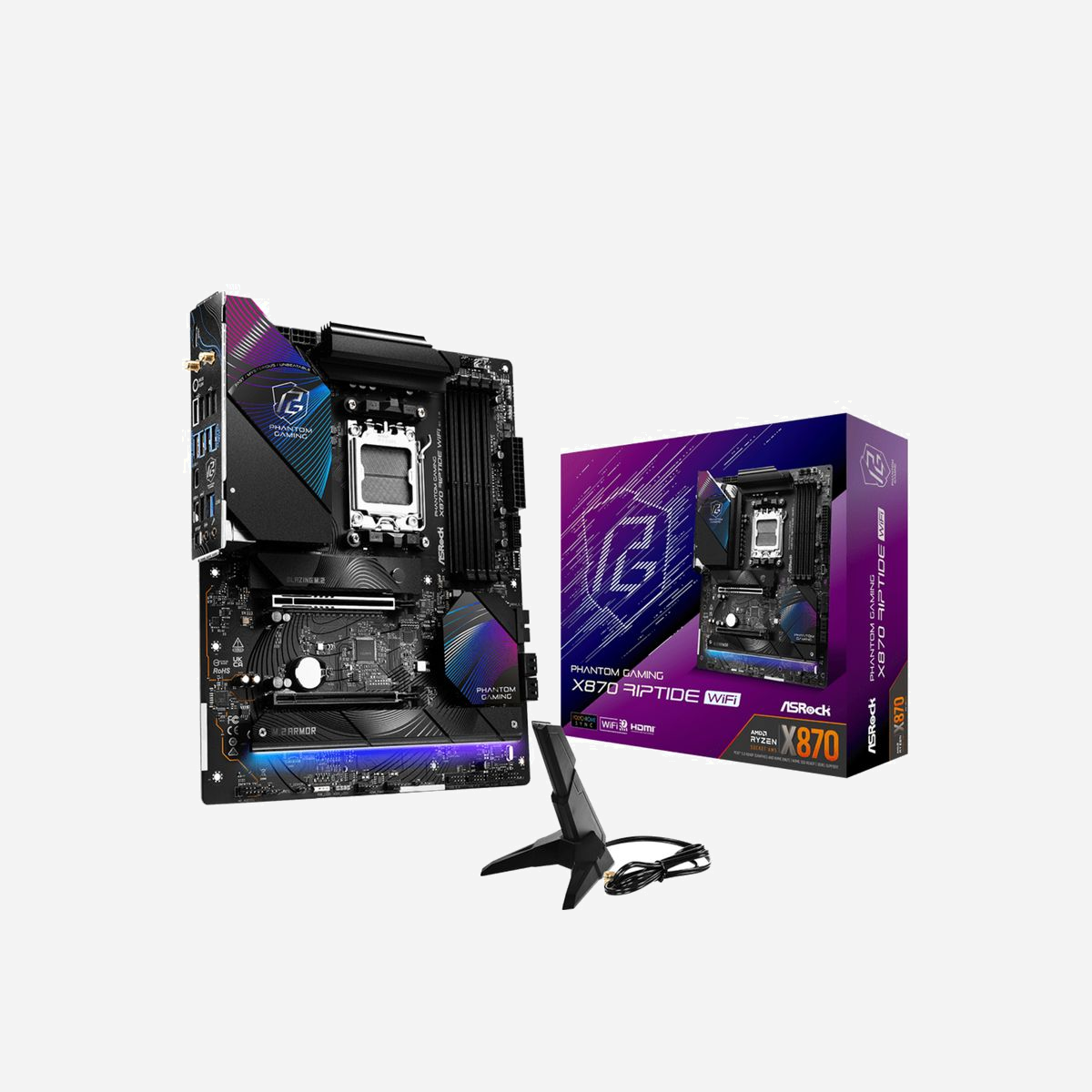 Asrock X870 Riptide WiFi : Carte mère ATX AMD X870 Socket AM5, DDR5 256GB max 8000MHz, M.2/SATA III, WiFi 7, 2.5GbE, PCIe 5.0 - Asrock X870 Riptide WiFi. Fabricant de processeur: AMD, Socket de processeur (réceptable de processeur): Emplacement AM5, Processeurs compatibles: AMD Ryzen 7000 Series, AMD Ryzen 8000 Series, AMD Ryzen 9000 Series. Types de mémoire pris en charge: DDR5-SDRAM, Mémoire interne maximale: 256 Go, Type de support (slot): DIMM. Interfaces de lecteur de stockage prises en charge: M.2, SATA III, Types de lecteurs de stockage pris en charge: HDD & SSD, Niveaux RAID: 0, 1, 10. Type d'interface Ethernet: 2.5 Gigabit Ethernet, Fast Ethernet, Gigabit Ethernet, Contrôleur de réseau local (LAN): Killer E3100G, Norme Wi-Fi: Wi-Fi 7 (802.11be). composant pour: PC, Elément de forme de carte mère: ATX, famille de composant de produits: AMD