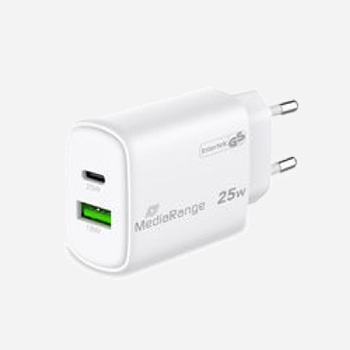 MediaRange MRMA112-2 Chargeur Secteur 25W GaN, USB-C & USB-A, Quick Charge 3.0, Power Delivery 3.0, Protection Surtension/Surchauffe/Court-circuit, Blanc - MediaRange MRMA112-2. Type de chargeur: Intérieure, Type de source d'alimentation: Secteur, Compatibilité de chargeur: Smartphone, Tablette. Tension d'entrée: 100 - 240 V, Tension de sortie (max): 12 V. Quantité de ports USB de type C: 1, Charge rapide, Dispositifs de protection électrique: Surtension, Surcharge, Surchauffe, Court-circuit. Couleur du produit: Blanc