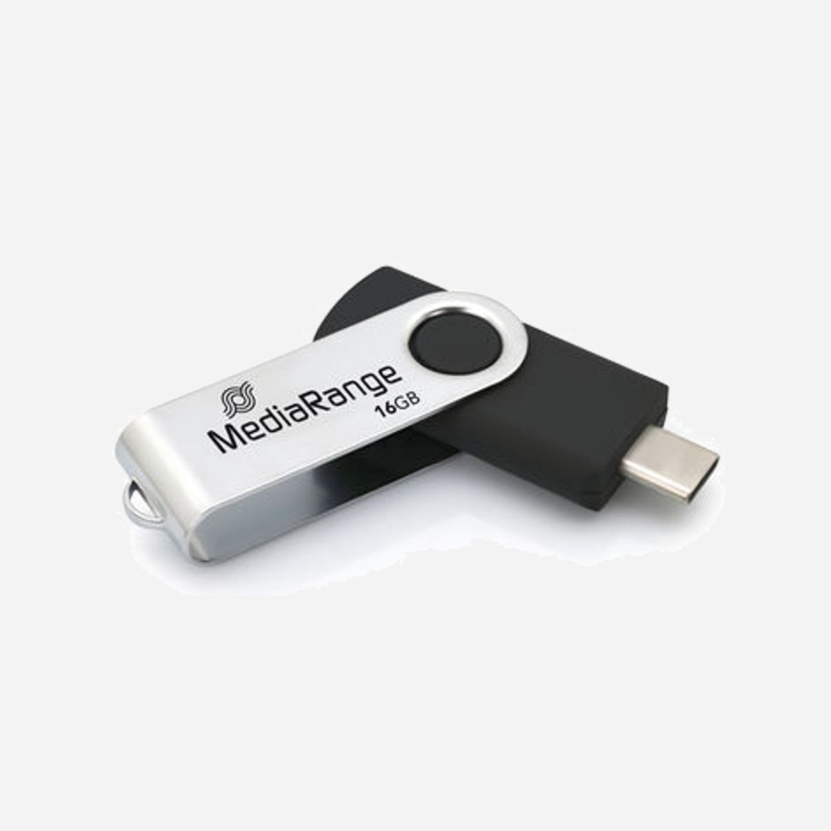 MediaRange MR1951 Lecteur USB Flash 16 Go USB Type-C 3.2 Gen 1 Noir et Argent, corps en métal, 50 Mo/s lecture, 15 Mo/s écriture, format pivotant - MediaRange MR1951. Capacité: 16 Go, Interface de l'appareil: USB Type-C, Version USB: 3.2 Gen 1 (3.1 Gen 1), Vitesse de lecture: 50 Mo/s, Vitesse d'écriture: 15 Mo/s. Format: Pivotant. Poids: 12 g. Couleur du produit: Noir, Argent