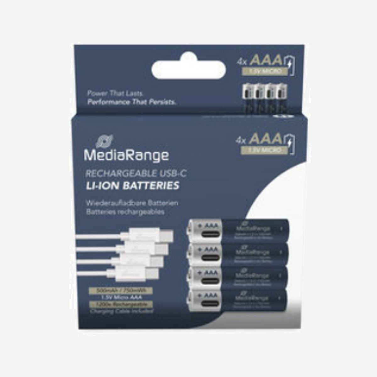MediaRange MRBAT160 : Pack de 4 Piles Rechargeables AAA Lithium-Ion 1.5V, 500mAh, 1200 Cycles, Temps de Charge 2h, Conditionnement Blister - MediaRange MRBAT160. Type de batterie: Batterie rechargeable, Taille(s) de la batterie: AAA, Technologie batterie: Lithium-Ion (Li-Ion). Poids: 8 g. Type d'emballage: Blister