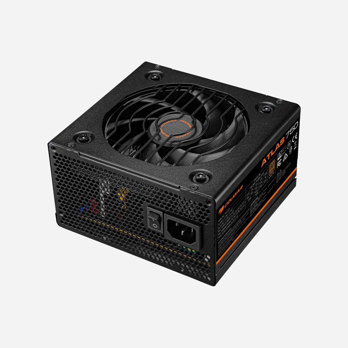 COUGAR Gaming ATLAS - Alimentation 750W ATX 20+4 pin - Certification 80 PLUS Bronze - Ventilateur 120mm - PFC Actif - Protections OCP/OVP/SCP/OTP/UVP - COUGAR Gaming ATLAS. Puissance totale: 750 W, Tension d'entrée AC: 100 - 240 V, Fréquence d'entrée AC: 50/60 Hz. Connecteur de la carte mère: 20+4 pin ATX, Longueur de câble d'alimentation de carte-mère: 55 cm, Longueur du câble d'alimentation du périphérique (Molex): 450 mm. Utilité: PC/serveur, Certification 80 PLUS: 80 PLUS Bronze. Couleur du produit: Noir, Type de refroidissement: Actif, Diamètre du ventilateur: 12 cm. Certificats de conformité: CCC, CE, EAC, Federal Communications Commission (FCC), RoHS