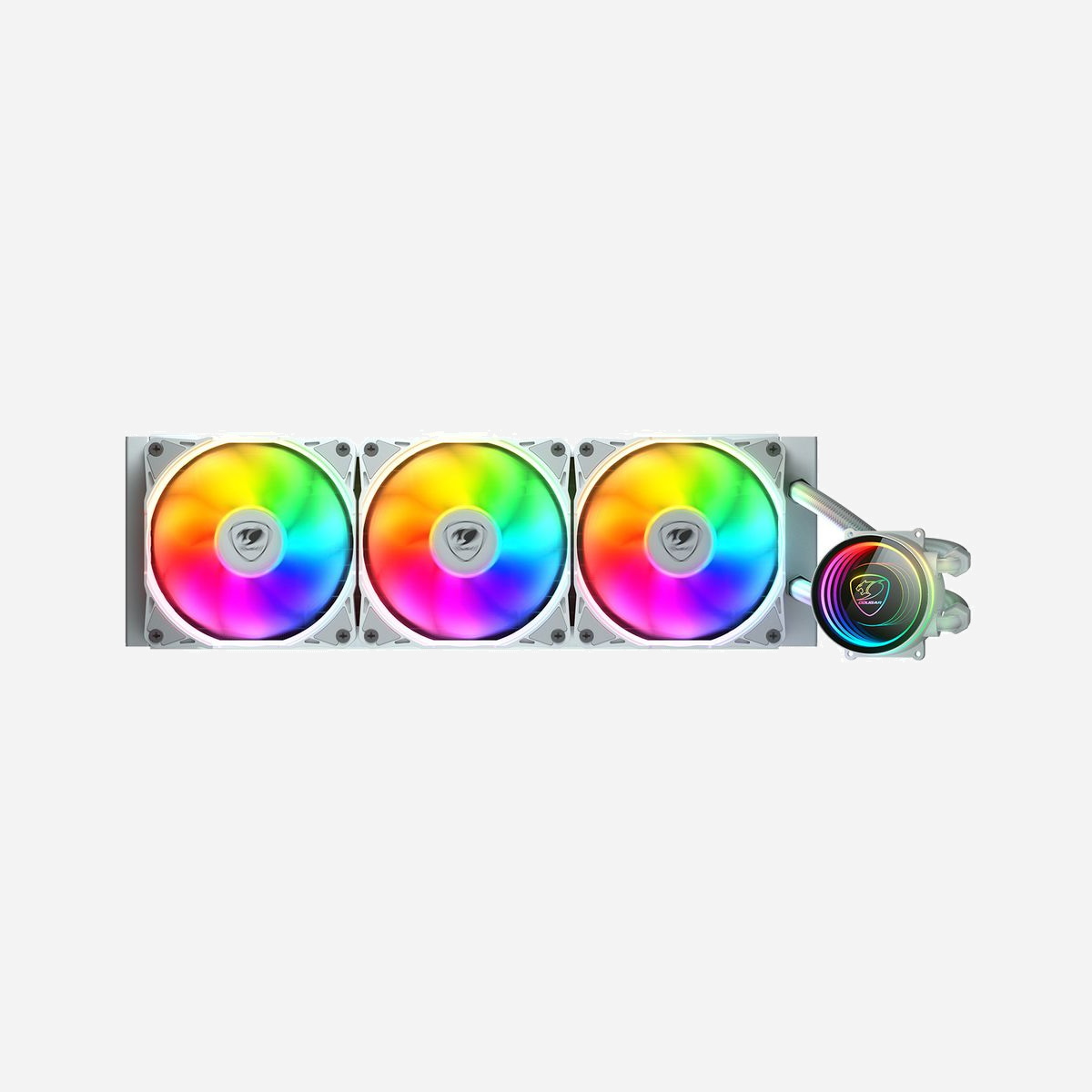 COUGAR Gaming Refroidisseur liquide All-in-One 360mm Blanc - Radiateur Aluminium 392mm, 3x 120mm (500-2200 RPM, 62.53 CFM) - Sockets Intel/AMD - COUGAR Gaming CGR-PSDELRGB-W-360. Type: Refroidisseur de liquide tout-en-un, Diamètre du ventilateur: 12 cm, Vitesse de rotation (min): 500 tr/min, Vitesse de rotation (max): 2200 tr/min, Pression d'air maximale: 2,4 mmH2O. Largeur: 392 mm, Profondeur: 121 mm, Hauteur: 27 mm. Couleur du produit: Blanc