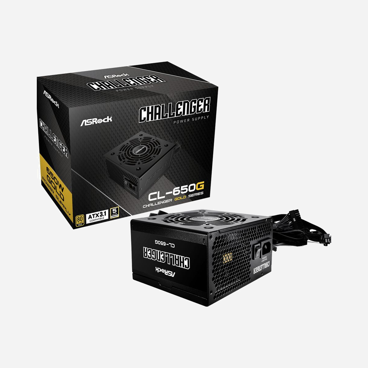 Asrock Challenger CL-650G - Alimentation 650W ATX 20+4 pin, Certification 80 PLUS Gold, Ventilateur 120mm, Câbles SATA/PATA/UC, ATX 3.1 - Asrock CL-650G Challenger. Puissance totale: 650 W. Connecteur de la carte mère: 20+4 pin ATX. Utilité: PC, Facteur de forme de l'unité d'alimentation: ATX, Certification 80 PLUS: 80 PLUS Gold. Couleur du produit: Noir, Type de refroidissement: Actif, Diamètre du ventilateur: 12 cm. Câbles inclus: UC, PATA, SATA