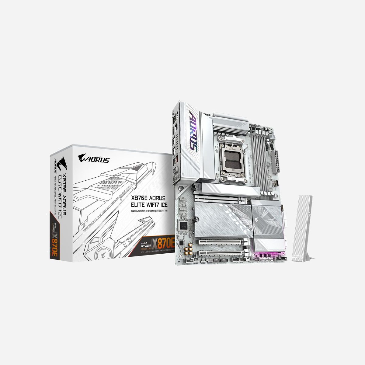 GIGABYTE X870E AORUS ELITE WIFI7 ICE Carte mère AMD AM5, DDR5 jusqu'à 8200MHz (O.C.), 3x PCIe 5.0, Wi-Fi 7, LAN 2.5GbE, USB 4, Chipset AMD X870E - Améliorez votre expérience informatique avec les séries de cartes mères renommées de GIGABYTE : AORUS, AERO et GIGABYTE. Dotées de designs innovants et de fonctionnalités avancées, ces cartes offrent des performances et une fiabilité exceptionnelles. Que vous soyez un joueur, un créateur de contenu ou un professionnel, nos séries répondent à vos besoins, en garantissant une qualité sans compromis et une technologie de pointe.