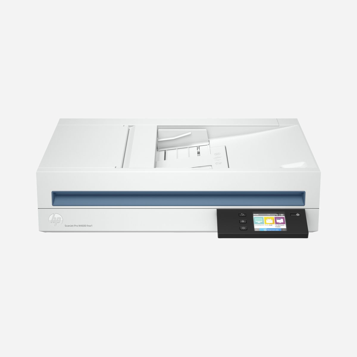 HP Scanjet Pro N4600 fnw1 : Scanner A plat/ADF A5 1200 DPI, 216x356mm, 40 ppm, USB, Wifi, 100 feuilles, Écran tactile 2.8", TWAIN, Windows/macOS/Linux - HP Scanjet Pro N4600 fnw1. Surface maximal de numérisation: 216 x 356 mm, Résolution de numérisation optique: 1200 x 1200 DPI, Vitesse de numérisation ADF (n/b, A4): 40 ppm. Type de scanner: Scanner à plat et chargeur automatique, Couleur du produit: Blanc, Taille de l'écran: 7,11 cm (2.8"). Type de capteur: CIS, Cycle de fonctionnement par jour (max): 6000 pages, Numériser vers: E-mail, Network folder, PC. Capacité du chargeur automatique de documents: 100 feuilles. Taille de papier de série A ISO maximum: A5, Prise en charge des types de numérisation de support: Enveloppes, Étiquettes, Papier photo, Papier ordinaire, ISO, Format Series A (A0...A9): A4, A5, A6