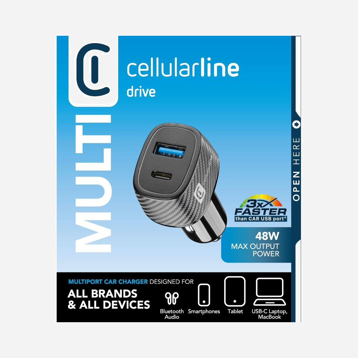 Cellularline Chargeur Auto CBRUSB2PD48WK: USB-C 30W Power Delivery + USB-A 18W, 12-24V, Universel Smartphones/Tablettes, Noir. - CARMULTIPOWERULTRA est le chargeur auto Cellularline doté de 2ports de charge (USB-C et USB) pour charger simultanément deux dispositifs avec une seule prise allume-cigare.Le port USB-C de 30W, doté de la technologie PowerDelivery, permet de charger rapidement la plupart des smartphones et des tablettes présentes sur le marché; il permet en outre de charger rapidement les ordinateurs portables compatibles grâce à la charge PowerDelivery 30W, entre autres les différents modèles de MacBook.Le port USB est compatible avec la charge adaptative 18W.