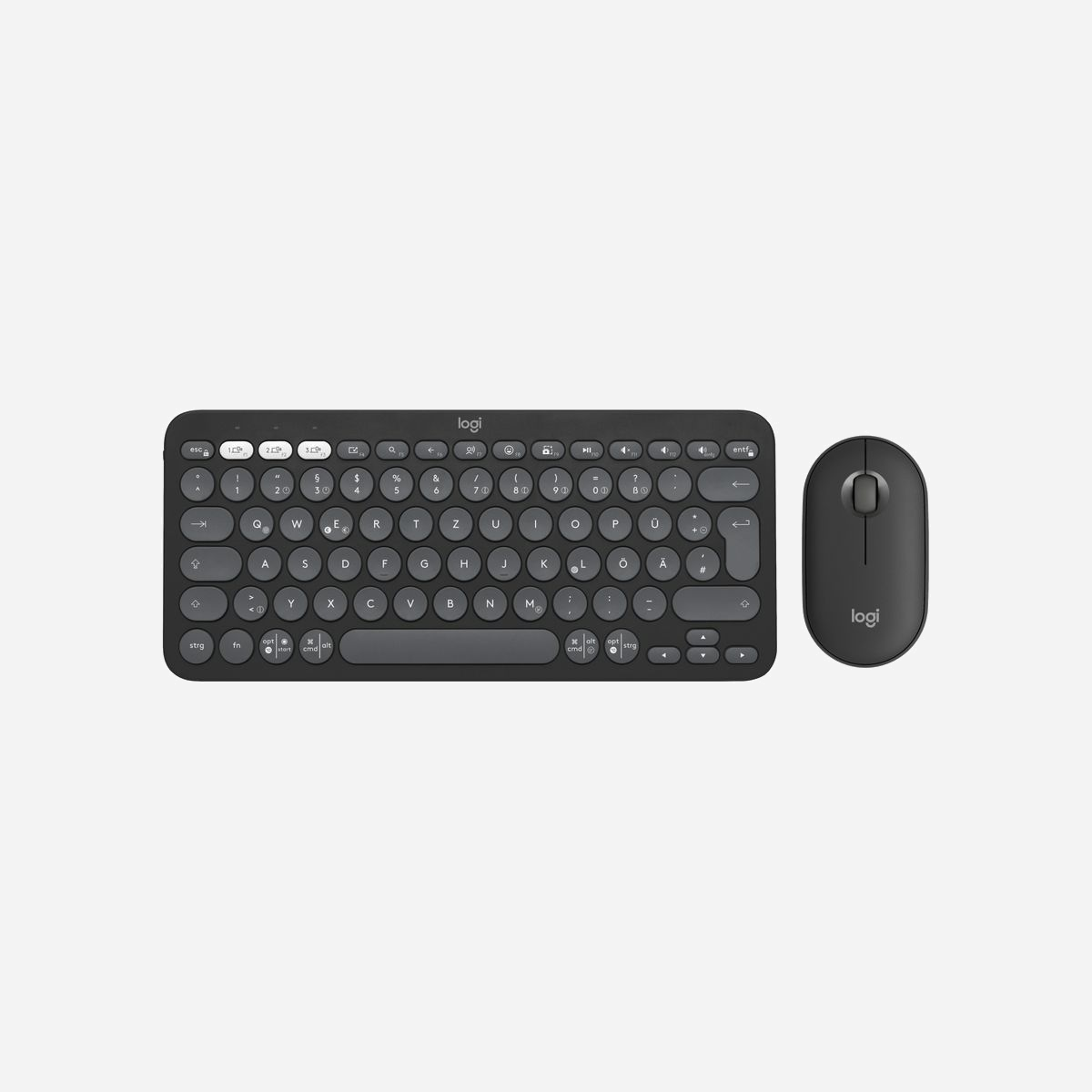 Logitech Pebble 2 Combo Graphite : Clavier QWERTZ Allemand RF sans fil + Bluetooth, Souris Ambidextre 4000 DPI, Compatible Windows/macOS/Linux/Android/iOS - <b>L’EXPRESSION DE VOUS-MÊME DÉPEND DE VOUS</b><br><br><b>Défiez le banal. Défiez le fade. DÉFIEZ L’ENNUI.</b><br>Ajoutez une touche colorée à votre journée grâce à l’ensemble Pebble 2. Une souris et un clavier avec encore plus de couleurs et une technologie encore plus intelligente.<br><br><b>CONÇUE POUR NE PAS RESSEMBLER AUX AUTRES</b><br>Montrez au monde qui vous êtes grâce à l’ensemble Pebble 2. Un clavier et une souris minimalistes et fins conçus pour se démarquer.<br><br><b>LE PLASTIQUE RECYCLÉ N'A PAS BESOIN D'UN TERNE</b><br>Nous ne nous contentons pas de proposer un design unique, nous nous assurons que nos produits sont également fabriqués de manière responsable. L’ensemble Pebble 2 est disponible dans toute une gamme de couleurs avec plus de 45% de plastique recyclé pour que vous puissiez choisir la couleur qui vous convient.<br><br><b>UTILISABLE À TOUT MOMENT</b><br>Compacte, et prête à faire de grands pas. La conception légère et portable de l'ensemble Pebble 2 signifie que vous pouvez glisser le clavier et la souris dans votre sac, n'importe quand et n'importe où.<br><br><b>CHANGEMENT DE DISPOSITIF FACILE</b><br>Basculez entre 3 de vos dispositifs d'une simple pression sur le bouton Easy-Switch. Compatible avec Windows, macOS, iPadOS et Android. Vous pouvez également vous connecter avec le récepteur Logi Bolt inclus.<br><br><b>SHHH - SAISIE ET CLIC SILENCIEUX</b><br>Écouter? Non? Bien. restez discret grâce aux touches discrètes et arrondies pour bénéficier d’une sensation de frappe de type ordinateur portable et cliquez sur votre souris avec 90% de bruit en moins grâce à la technologie SilentTouch.<br><br><b>LA VIE EST TROP COURTE POUR NE PAS S’AMUSER</b><br>Accédez instantanément à la capture d'écran, à la recherche, au menu émojis et bien plus encore pour travailler plus intelligemment, pas plus dur avec les touches de raccourci de votre clavier. Ajoutez des raccourcis sur le bouton central de votre souris avec l'application Logi Options+ comme l'envoi d'émojis sur Whatsapp ou l'équilibrage de votre liste de lecture Spotify.<br><br><b>DES OPTIONS À FOISON</b><br>Votre souris et votre clavier ne se contentent pas de cliquer et de saisir. Personnalisez le bouton central de votre souris et les 10 touches de fonction avec l'application Logi Options+ pour effectuer des actions quotidiennes telles que copier/coller, ajuster la luminosité de l'écran et ouvrir l'application, afin que vous puissiez faire les choses à votre manière.<br><br>Disponible sous Windows et macOS<br><br><b>OPTEZ POUR LA DURÉE</b><br>Besoin de plus de puissance? La longévité des piles de l'ensemble Pebble 2 est allant jusqu'à 36 mois.La longévité des sur le clavier Pebble Keys 2 (50 % de plus que le clavier K380) et jusqu’à 24 mois sur la souris Pebble Mouse 2 pour vous permettre de l’utiliser plus longtemps et sans souci.<br><br><b>OPTEZ POUR LE LOOK</b><br>Harmonisez votre bureau avec votre esthétique. Complétez votre look en choisissant une gamme de couleurs qui vous convient.<br><br><b>Comment personnaliser votre ensemble Pebble 2</b><br><br><b>Télécharger l'application Logi Options+</b><br>Après avoir installé Logi Options, ajoutez votre clavier Pebble Keys 2 K380s et votre souris Pebble Mouse 2 M350s et explorez notre application pour en faire plus avec votre clavier et votre souris.<br><br><b>Modifier les raccourcis par défaut</b><br>Sélectionnez la touche que vous souhaitez personnaliser ou le bouton central de la souris, et choisissez un raccourci parmi les nombreuses options disponibles. Expérimentez et personnalisez-la à votre goût.<br><br><b>UN CHOIX DE CONCEPTION QUE VOUS APPRÉCIEREZ</b><br>Nous concevons nos technologies en pensant à votre avenir, car les petits ruisseaux font les grandes rivières.<br><br><b>LE PLASTIQUE DEVRAIT AVOIR PLUS D'UNE VIE</b><br><b>PLASTIQUES RECYCLÉS</b><br>Les pièces en plastique de l’ensemble Pebble 2 Combo comprennent du plastique recyclé post-consommation certifié; en ce qui concerne Pebble Keys 2 K380s: 64% pour la couleur graphite, 49% pour les couleurs blanc et rose; Souris Pebble Mouse 2 M350s: 76% pour le modèle Tonal Graphite, 58% pour les modèles Blanc et Rose, afin d’offrir une nouvelle vie au plastique issu d’anciens produits électroniques grand public et contribuer à réduire l’empreinte carbone.<br><br><b>IL N’EXISTE PAS SEULEMENT LE CONTENU DE LA BOÎTE</b><br><b>EMBALLAGE RESPONSABLE:</b><br>L'emballage papier de l’ensemble Pebble 2 Combo (y compris l'emballage du produit) est fabriqué à partir de bois de forêts certifiées par le FSC™ et d'autres sources de contrôle. En choisissant ce produit, vous soutenez la gestion forestière responsable des forêts de la planète.<br><br><b>Tout pour éliminer le carbone</b><br><b>CERTIFIÉ NEUTRE EN CARBONE</b><br>Pebble 2 Combo est certifié "neutre en carbone". Cela signifie que l'empreinte carbone du produit et de l'emballage a été réduite à zéro grâce à l'investissement de Logitech dans des projets de compensation et d'élimination des émissions de carbone.