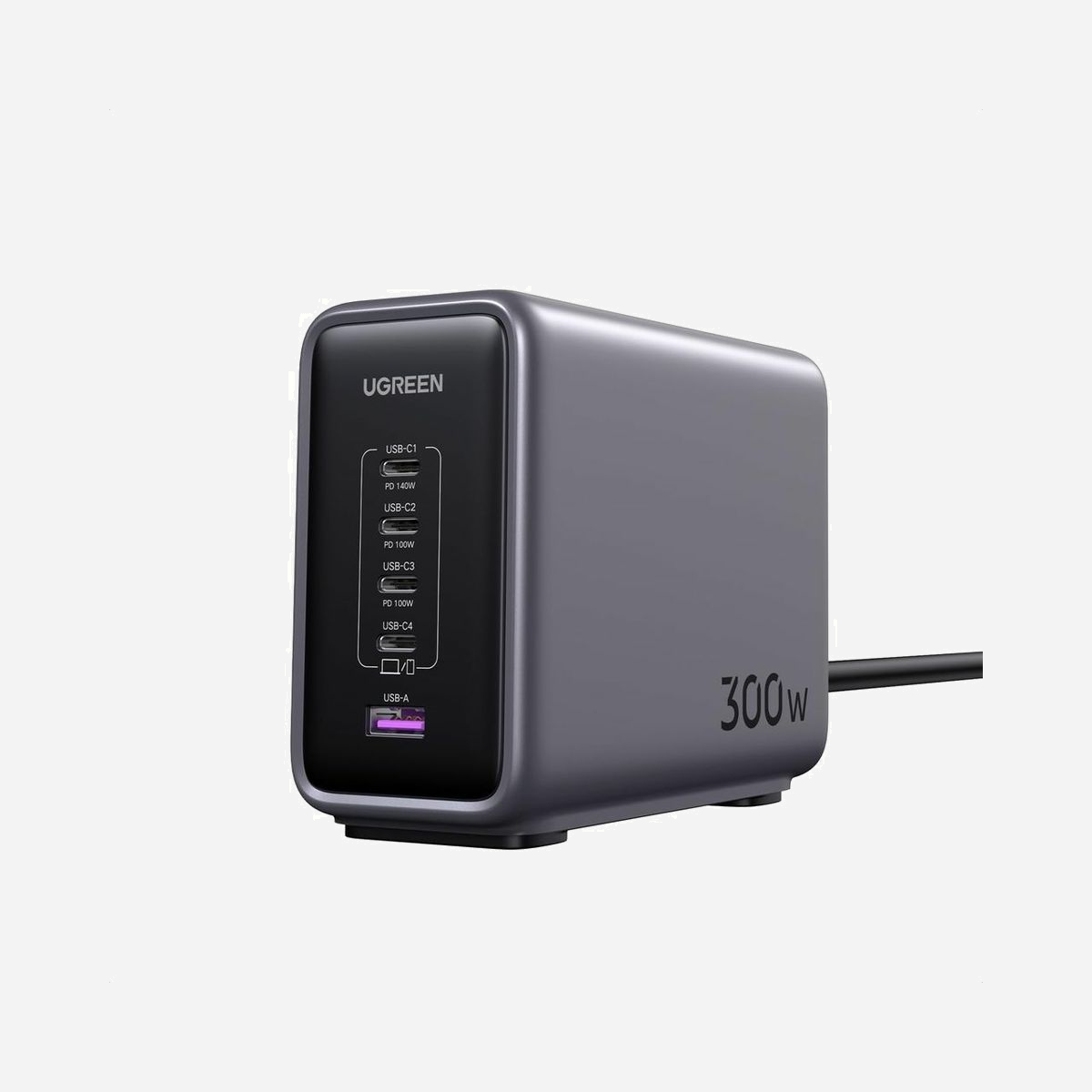 Chargeur Secteur Ugreen 90903B 300W, 4x USB-C (1x 140W, 2x 100W, 1x 45W), 1x USB-A 22.5W, GaN, USB Power Delivery 3.1, Câble 2m, Universel, Noir/Gris - Ugreen 90903B. Type de chargeur: Intérieure, Type de source d'alimentation: Secteur, Compatibilité de chargeur: Universel, Quantité de ports USB de type C: 4, Charge rapide. Longueur de câble: 2 m, Couleur du produit: Noir, Gris