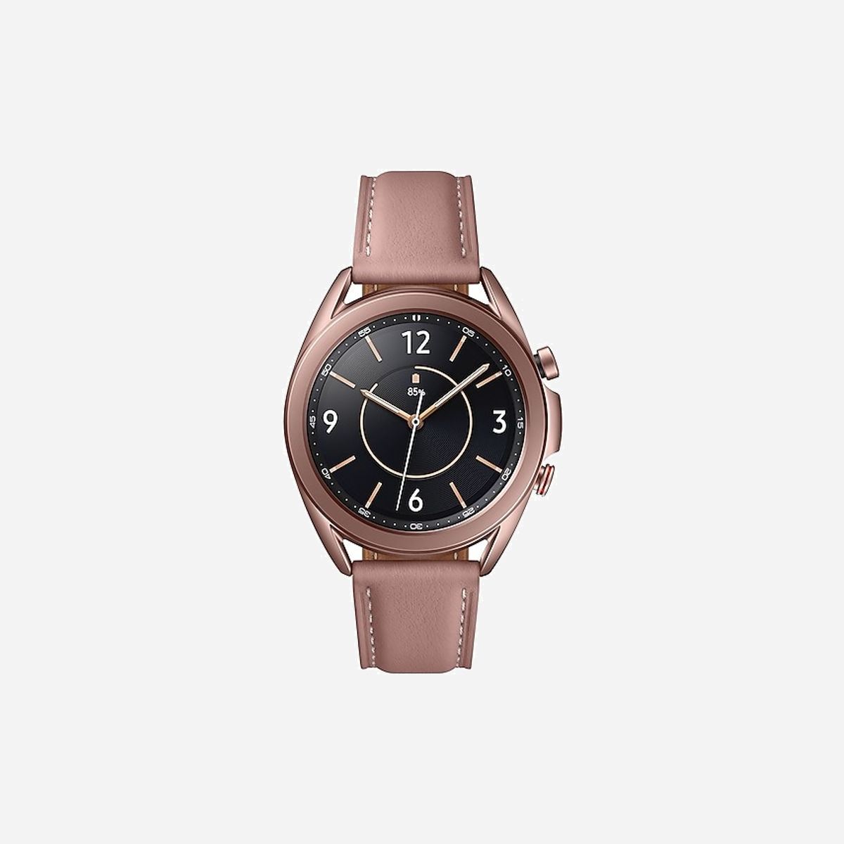 Samsung Galaxy Watch3 SM-R855F Bronze : Écran Super AMOLED 1.2" 360x360, 1Go RAM, 8Go Flash, GPS, WiFi, Bluetooth 5.0, Batterie 340mAh, Boîtier 41mm - Samsung Galaxy Watch3 SM-R855F. Taille de l'écran: 3,05 cm (1.2"), Technologie d'affichage: OLED, Résolution de l'écran: 360 x 360 pixels, Écran tactile. Fréquence du processeur: 1150 MHz, Capacité de la RAM: 1024 Mo, Memoire flash: 8 Go. Wifi. GPS (satellite). Capacité de la batterie: 340 mAh. Poids: 48,2 g. Matière de la bande: Cuir, Couleur du bracelet: Bronze