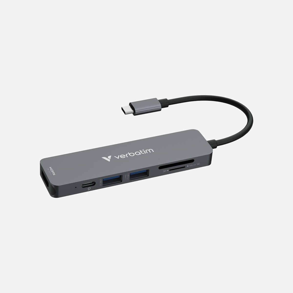 Verbatim Hub USB-C 3.2 Gen 1 Gris - 1x HDMI 4K, 1x USB-A 3.2 Gen 1, 1x USB 2.0, Lecteur Cartes SD/MicroSD, Power Delivery 100W, Windows/macOS/Linux/Android - Verbatim 32156. Interface de l'hôte: USB 3.2 Gen 1 (3.1 Gen 1) Type-C, Interfaces Hub: HDMI, USB 2.0 Type-A, USB 3.2 Gen 1 (3.1 Gen 1) Type-A, Cartes mémoire compatibles: MicroSD (TransFlash), MicroSDHC, MicroSDXC, SD, SDHC, SDXC. Taux de transfert de données: 5000 Mbit/s, Résolutions graphiques prises en charge: 3840 x 2160, Résolution maximum (HDMI): 3840 x 2160 pixels. Type d'alimentation d'énergie: USB, Tension d'entrée: 5 - 20 V, Tension de sortie: 5 V. Prise en charge du système d'exploitation Windows: Windows 10, Windows 11, Windows 7, Windows 8, Prise en charge du système d'exploitation Mac: Mac OS X 10.10 Yosemite, Mac OS X 10.11 El Capitan, Mac OS X 10.12 Sierra, Mac OS X 10.13 High..., Prise en charge d'autres systèmes d'exploitation: Android. Largeur: 29,7 mm, Profondeur: 1122 mm, Hauteur: 11 mm